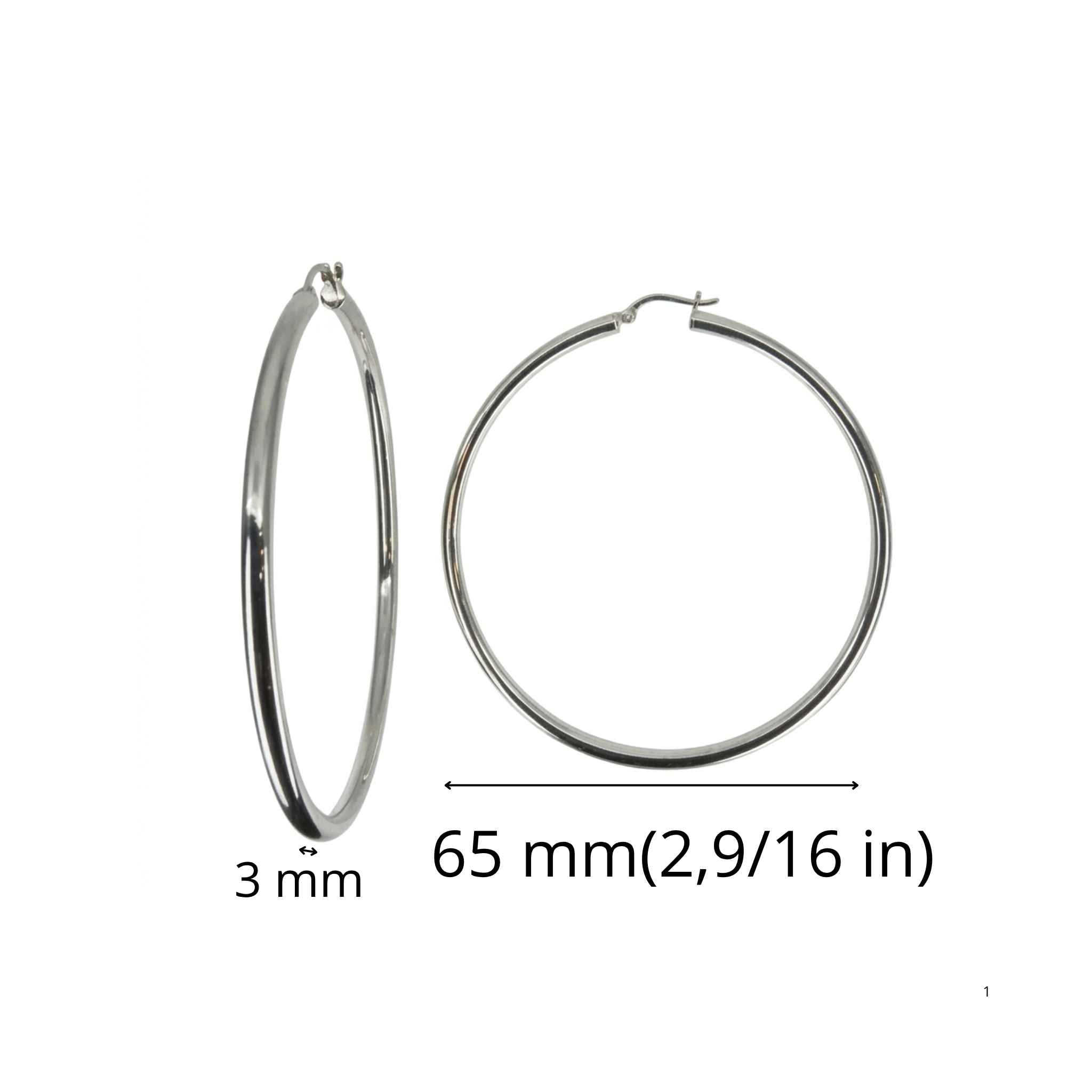 Medidas de las argollas tubulares de Plata 925 de 3 mm con grosor de 3 mm y diámetro de 65 mm.