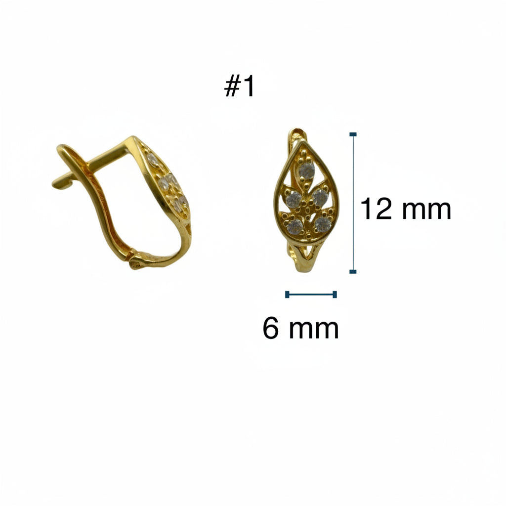 Arete de hoja cierre catalan en Oro 14K, Mostrando medidas, 6x12 mm. TuOro.