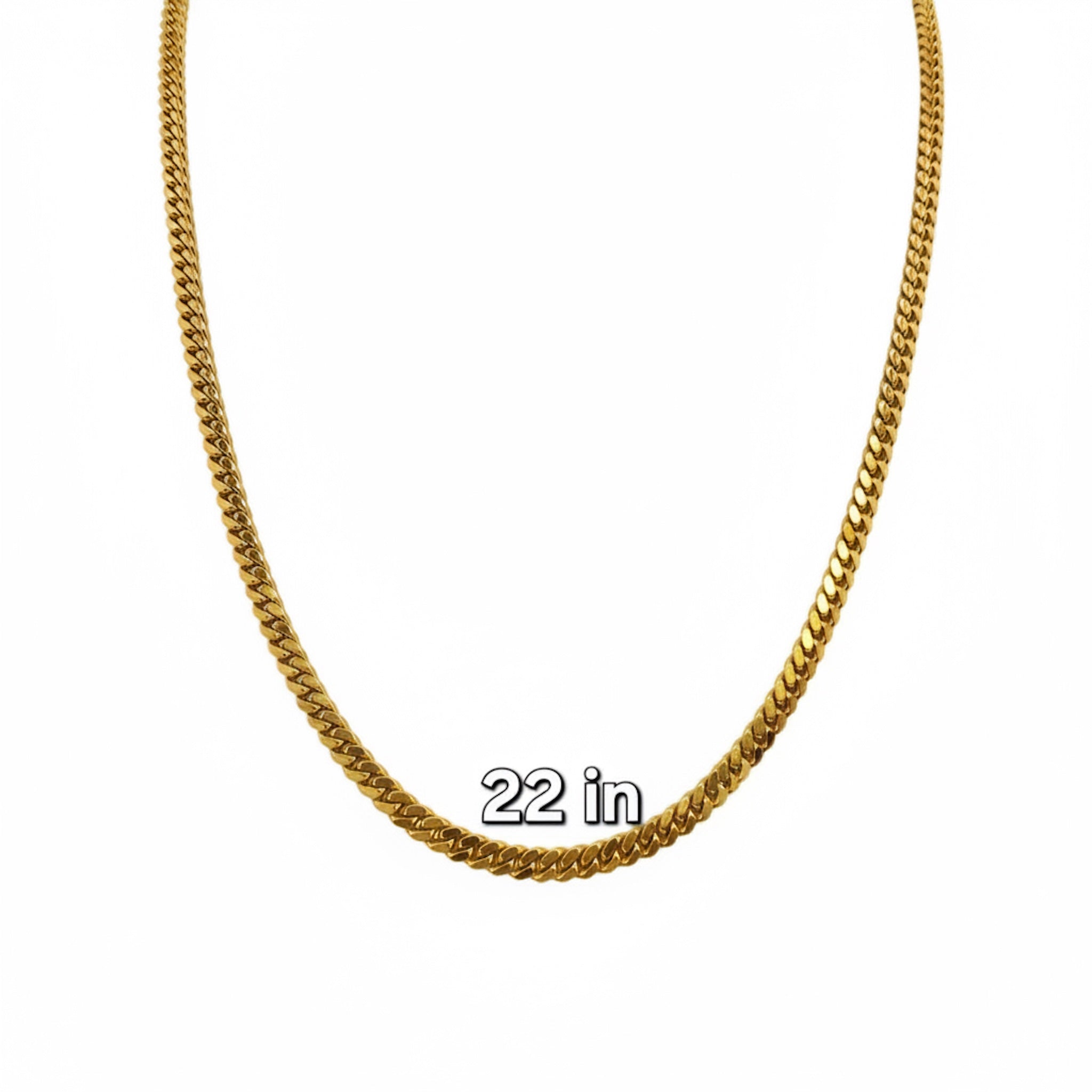 Cadena con cierre de caja en Oro 10K,Cuban Link y 4 mm de ancho, mostrando medidas 22 in. TuOro.