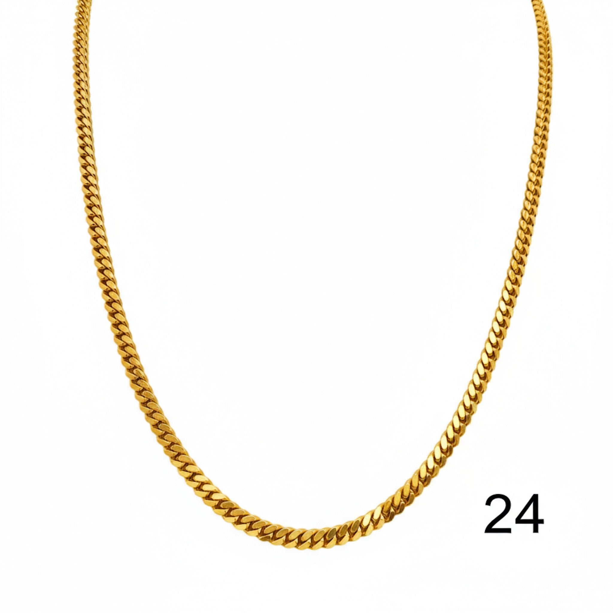 Cadena con cierre de caja en Oro 10K,Cuban Link y 4 mm de ancho, mostrando medidas 24 in. TuOro.