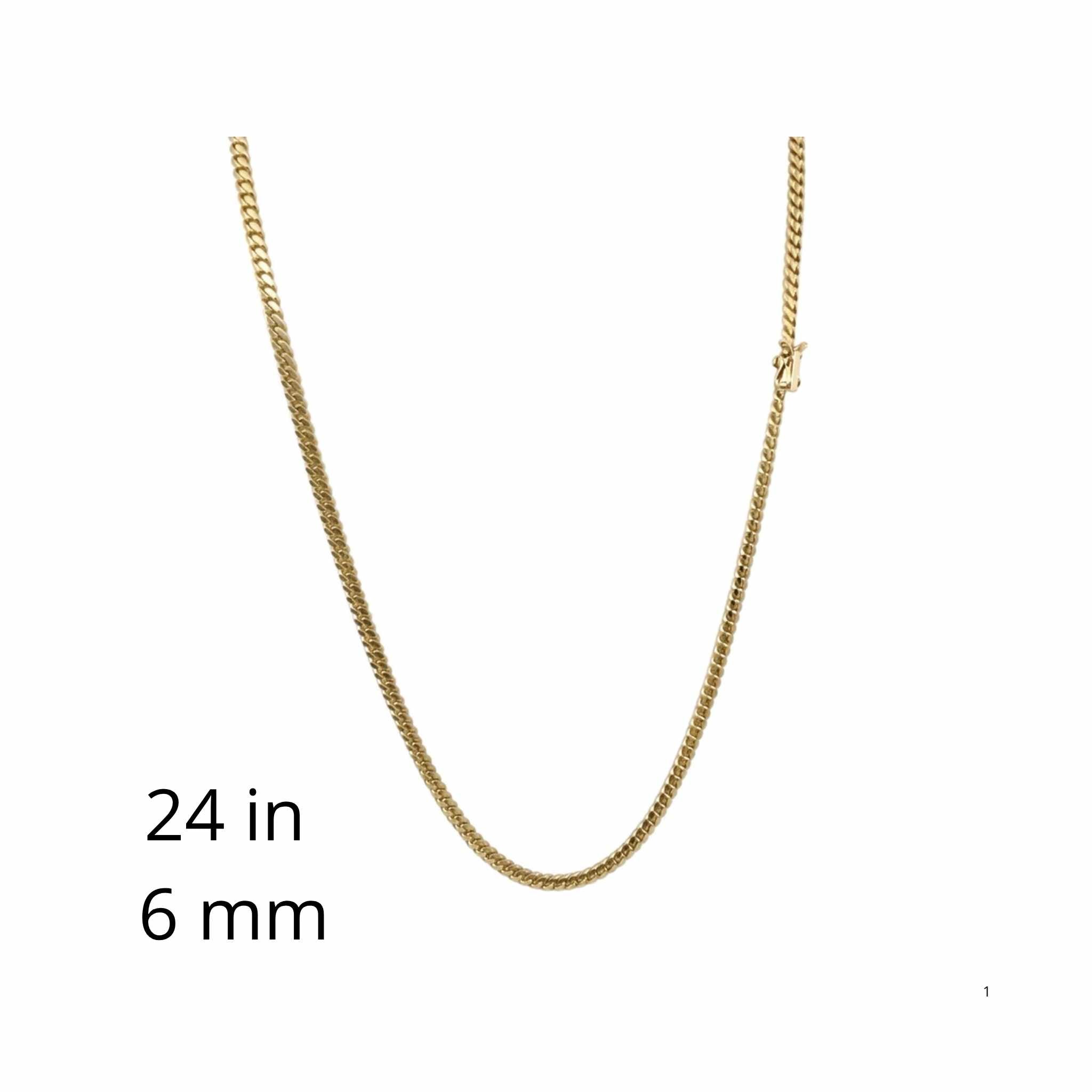 Cadena Cuban Link de oro 10K TuOro de 24 pulgadas, presentada completa sobre fondo blanco con cierre de caja.