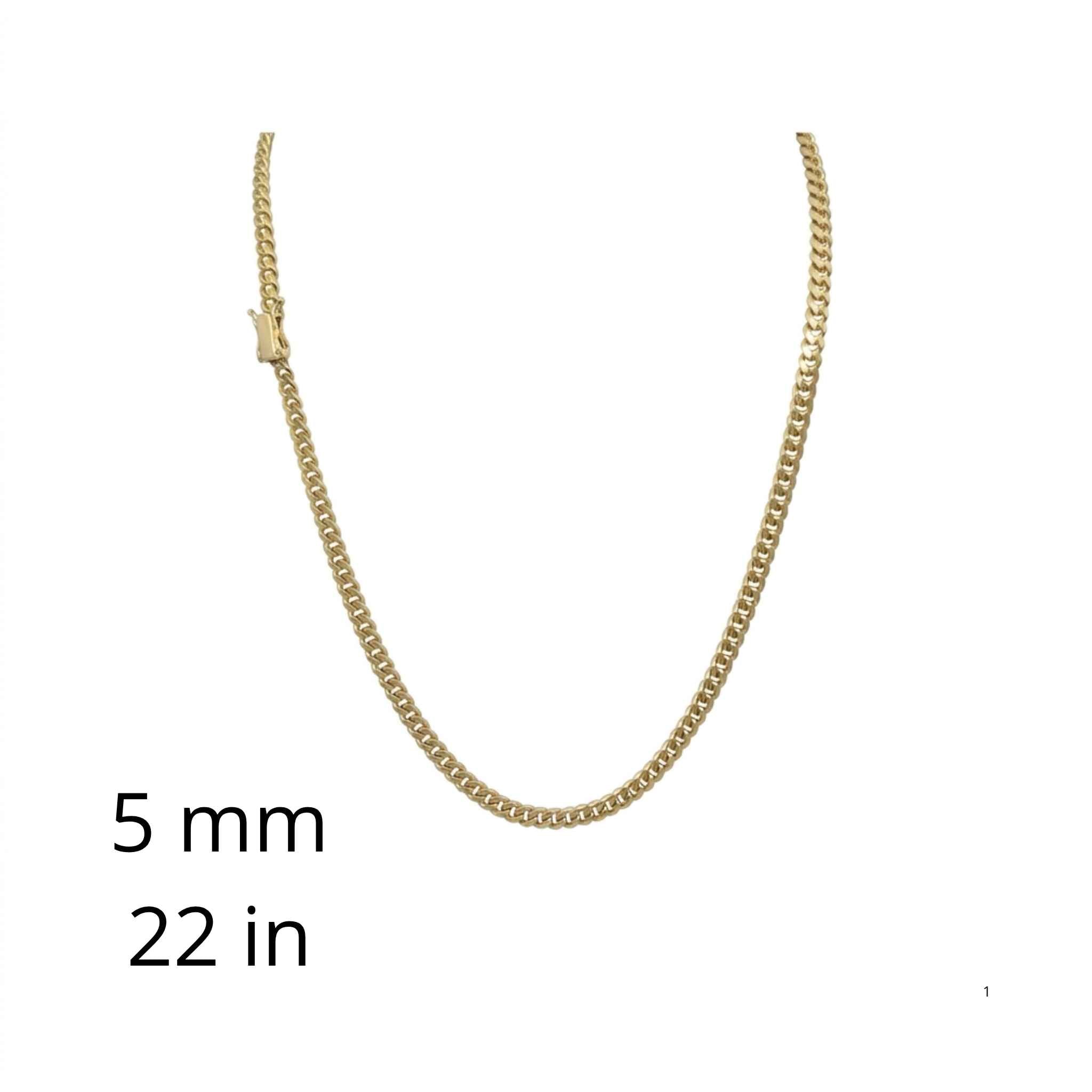Cadena Cuban Link de oro amarillo 10K de 5 mm y 22 pulgadas, presentada completa sobre fondo blanco, TuOro.