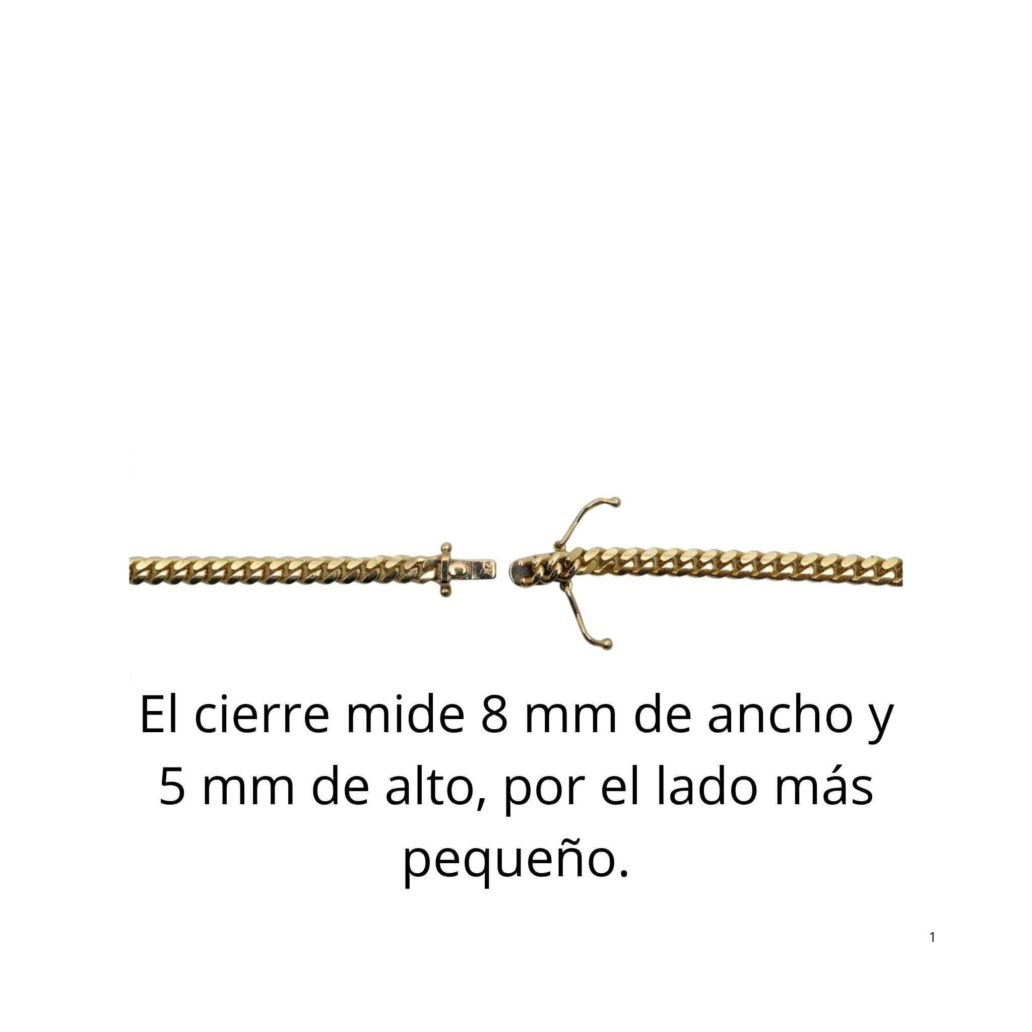 Detalle del cierre de caja de una cadena Cuban Link de oro 10K TuOro, con medida aproximada de 8 mm de ancho por 5 mm de alto.