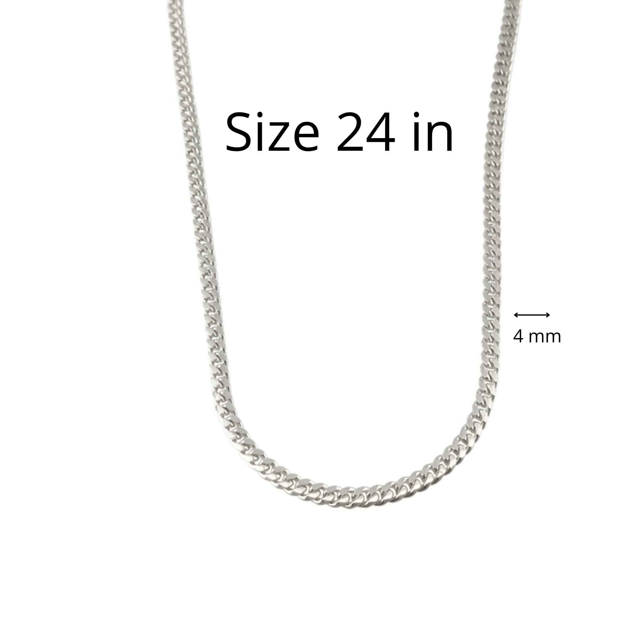 Cadena Cuban Link sólida de Plata 925 de 4 mm en largo de 24 pulgadas mostrando medidas y diseño de eslabones, TuOro.