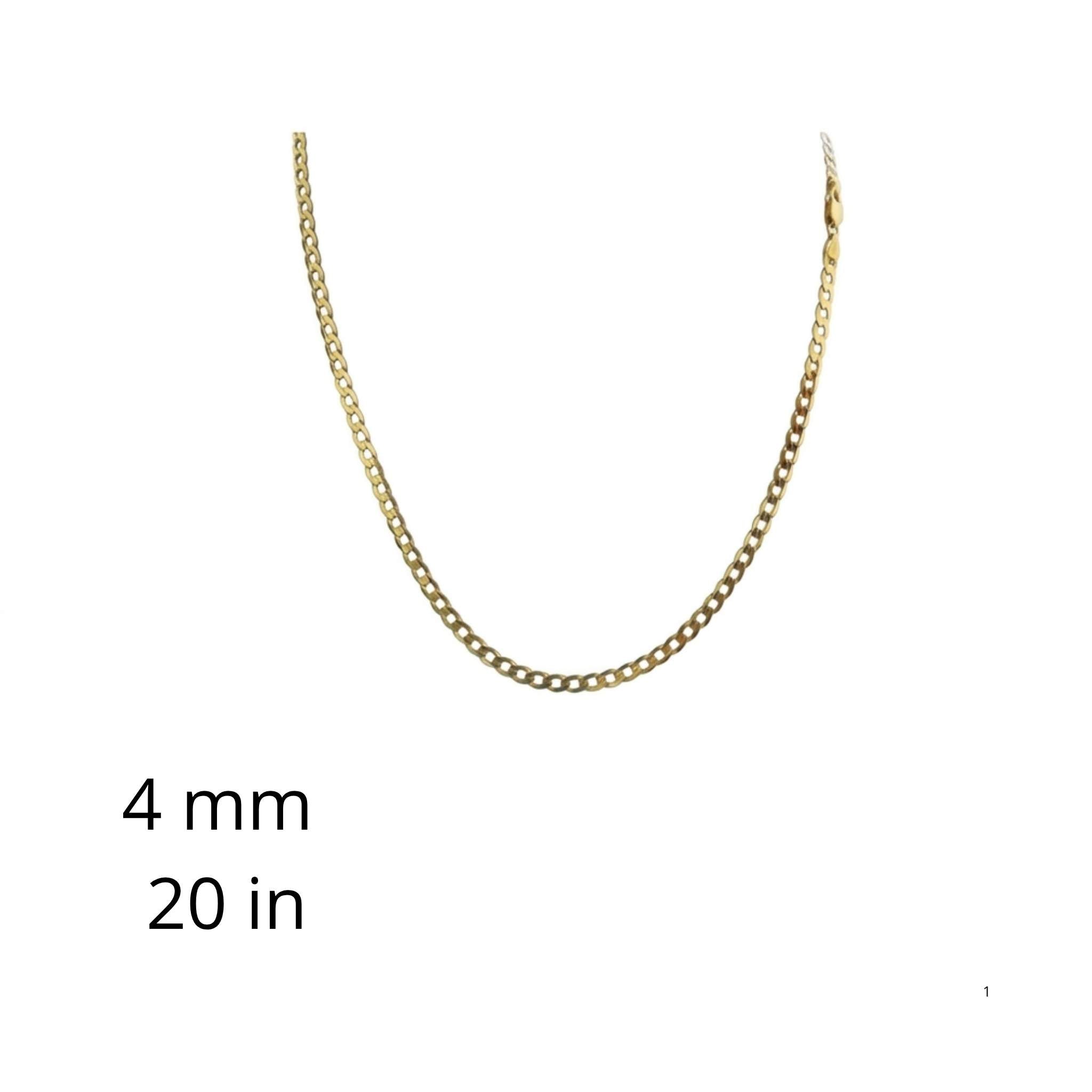 Cadena cubana de oro 10K de 4 mm y 20 pulgadas sobre fondo blanco.