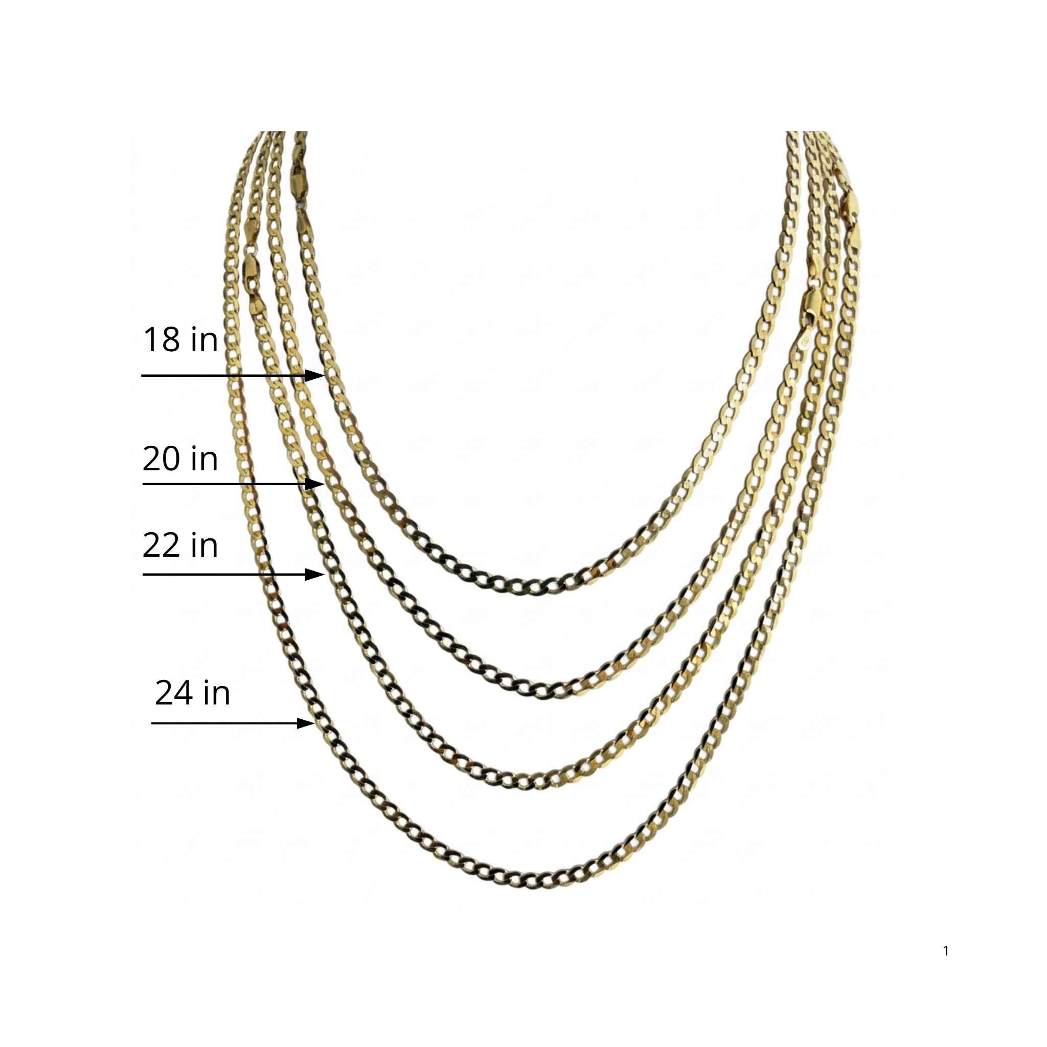 Guía comparativa de cadenas cubanas de oro 10K de 4 mm en 18, 20, 22 y 24 pulgadas.