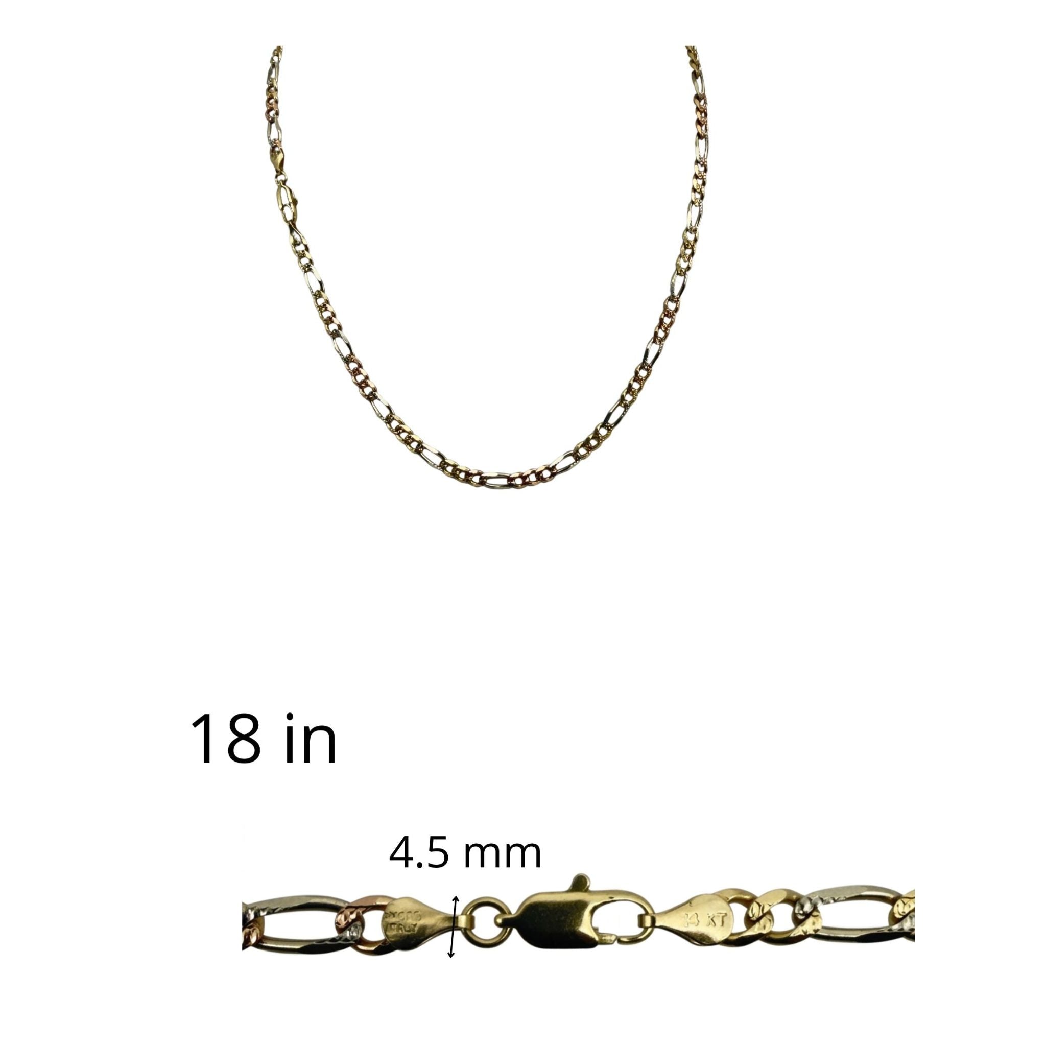 Cadena Fígaro tricolor de Oro 14K de 4.5 mm y 18 pulgadas, con detalle del ancho y cierre, de TuOro®