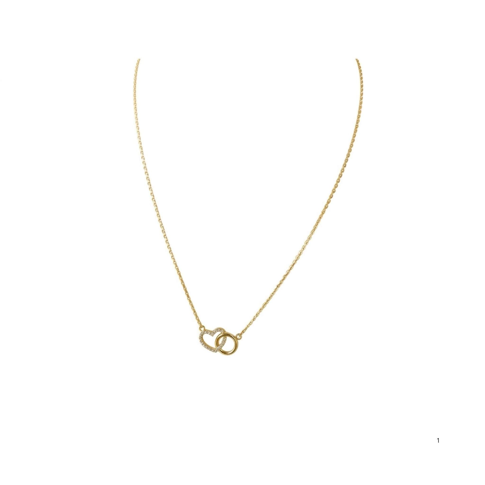Cadena fina de oro 10K TuOro con dos corazones, uno decorado con circonias y otro de acabado dorado liso.