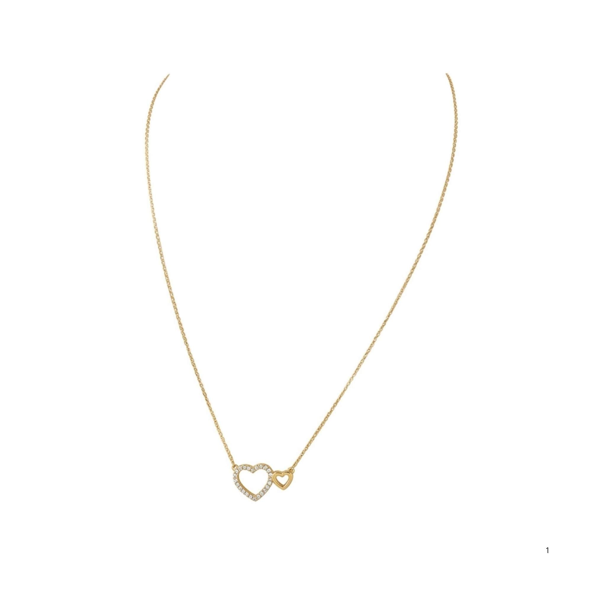 Cadena fina de oro 10K TuOro con dos corazones, uno decorado con circonias y otro de acabado dorado liso.