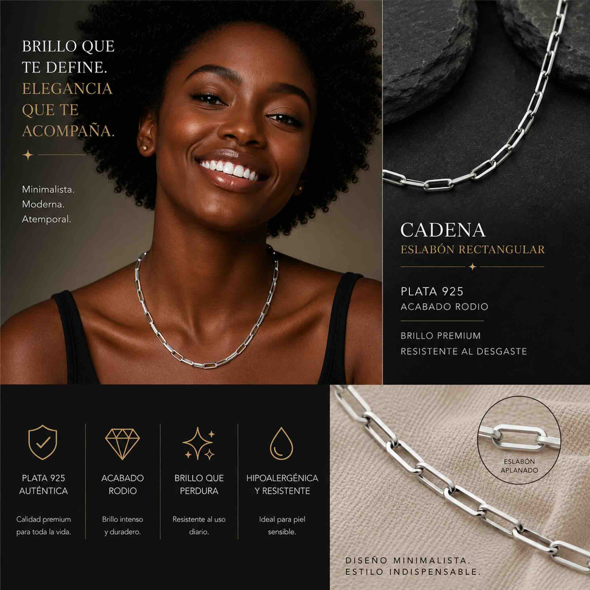 Banner promocional de Cadena Paperclip con rodio de Plata 925 de 3.2 mm de TuOro con diseño elegante y eslabón rectangular aplanado.