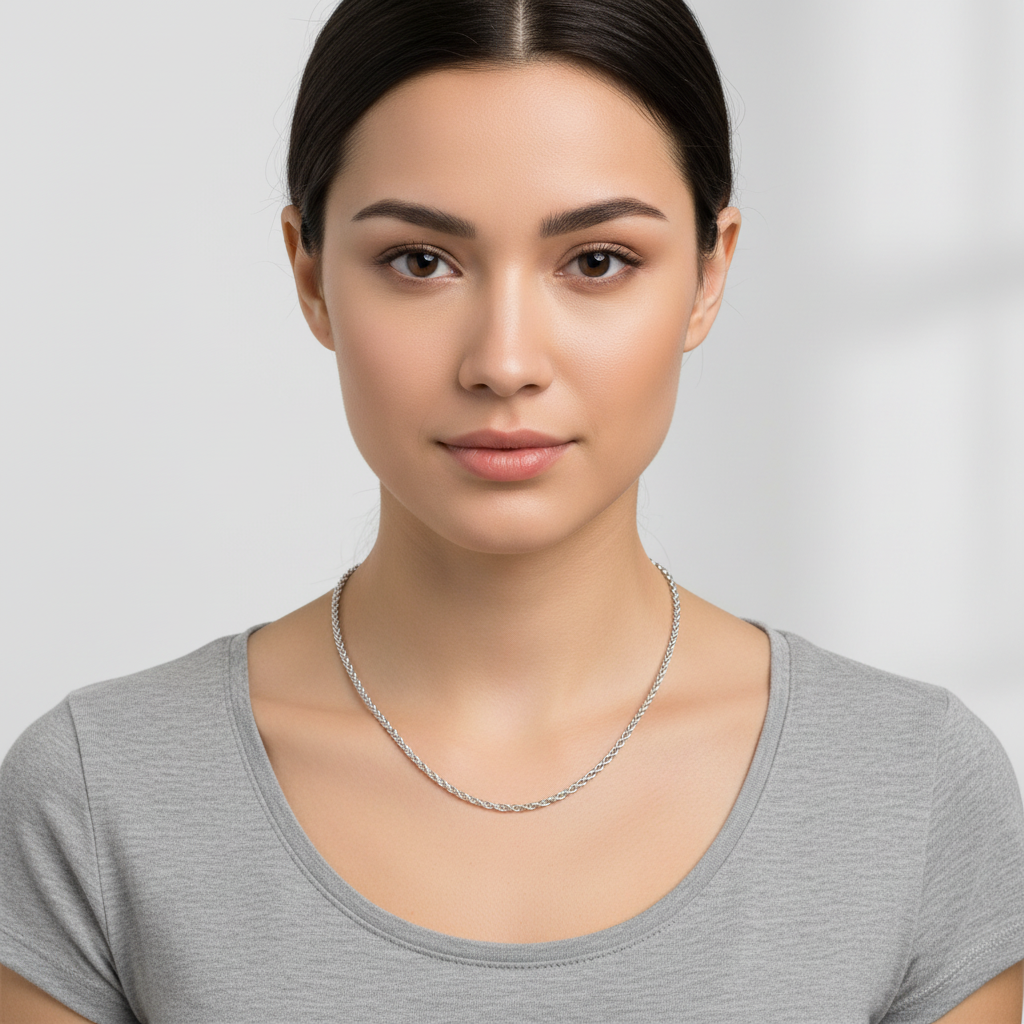 Modelo usando cadena de soga sólida con rodio de Plata 925 de 2 mm estilo minimalista de TuOro