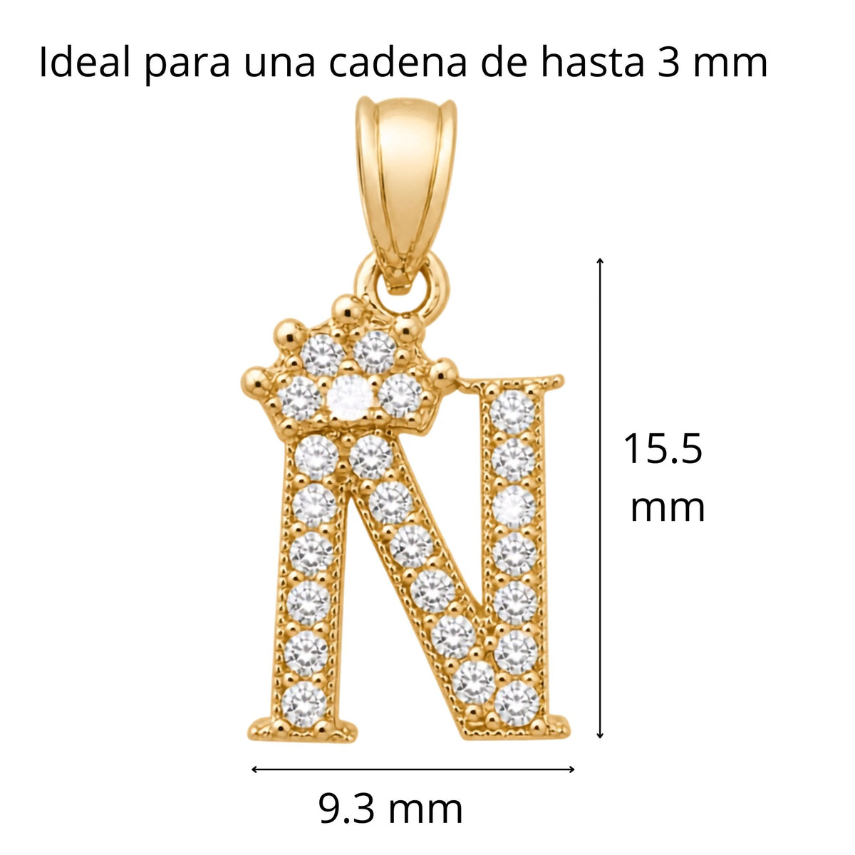 Dije de letra N en Oro 10K con corona y circonias, 15.5 × 9.3 mm, TuOro®