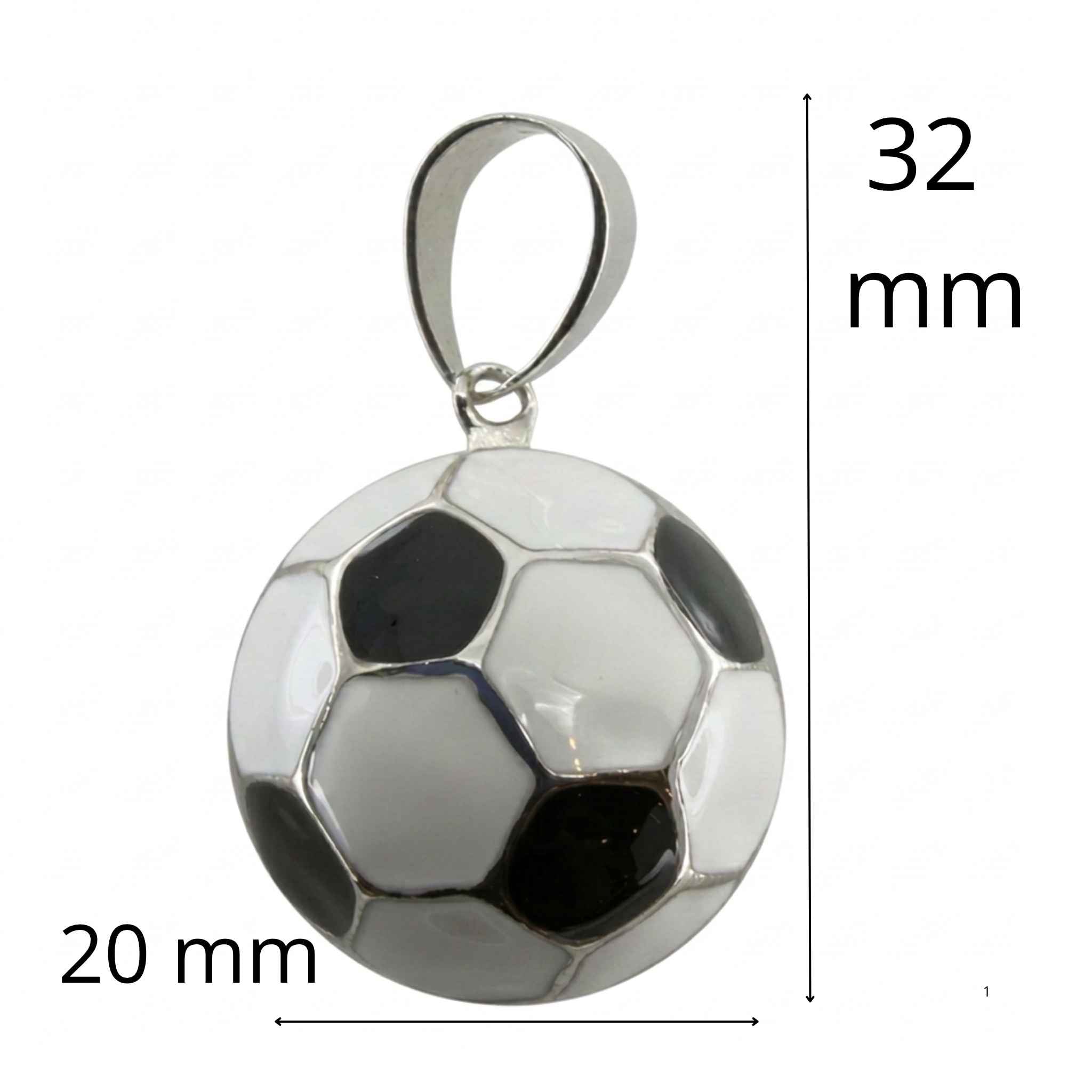 Dije de pelota de fútbol en Plata 925 esterlina mostrando medidas aproximadas de 20 mm de ancho por 32 mm de largo, colección TuOro.