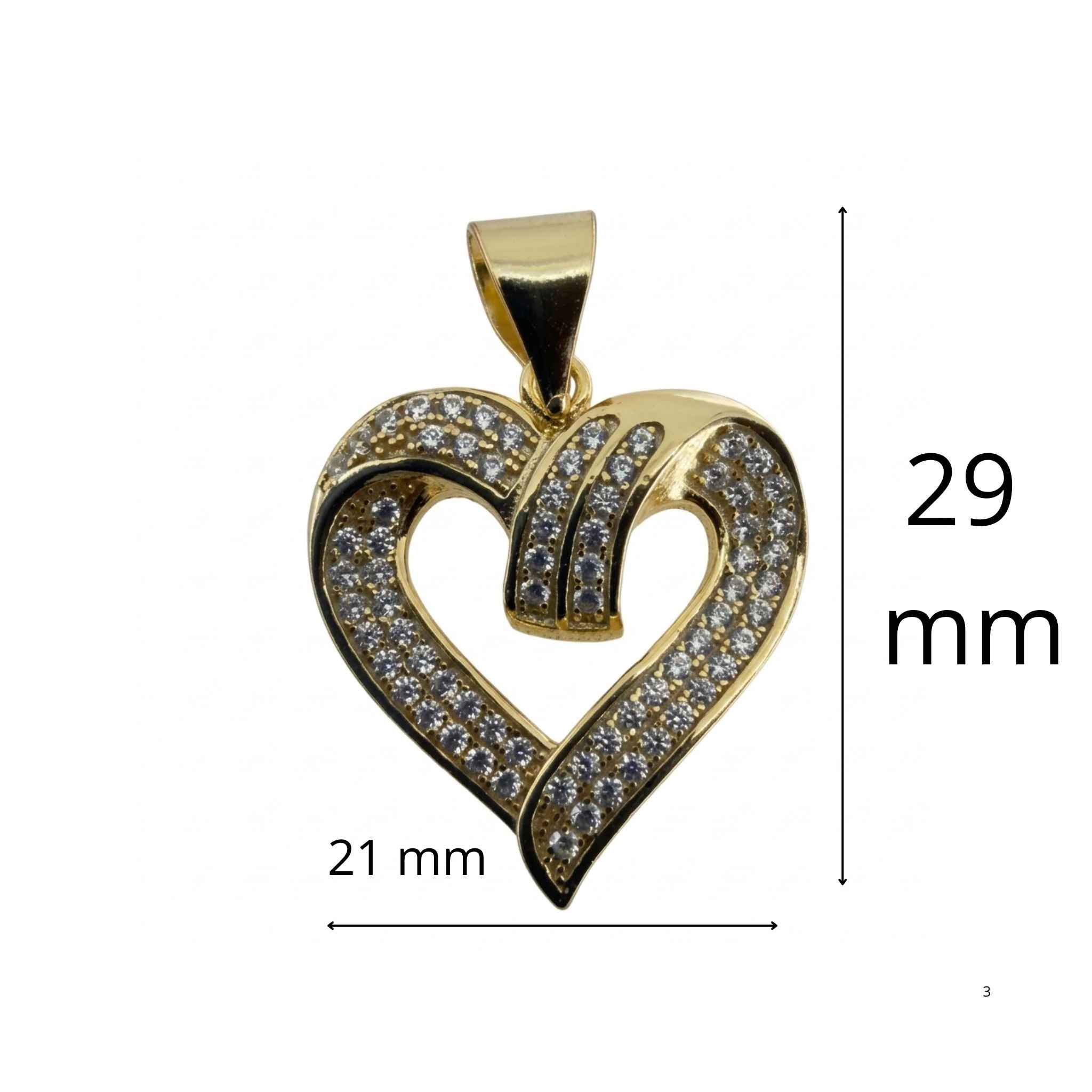 Dije de corazón en Plata 925 dorada con circonias brillantes, medidas 29 x 21 mm, joyería elegante de TuOro.