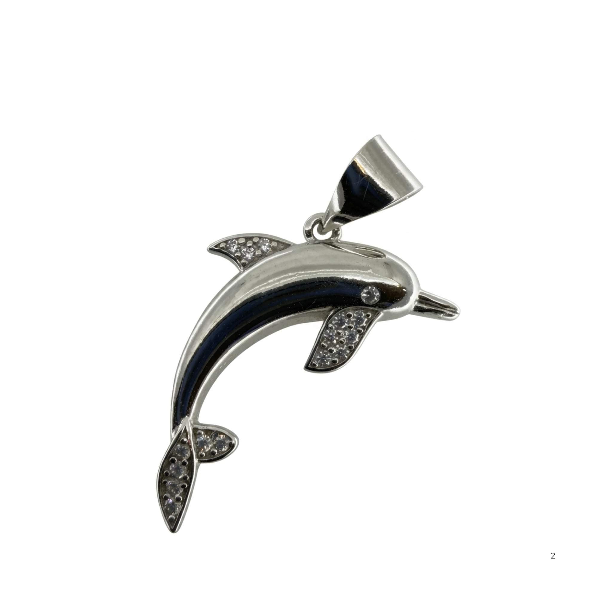Dije de delfín en Plata 925 con Rodio y detalles brillantes sobre fondo blanco, joyería de Plata elegante de TuOro.