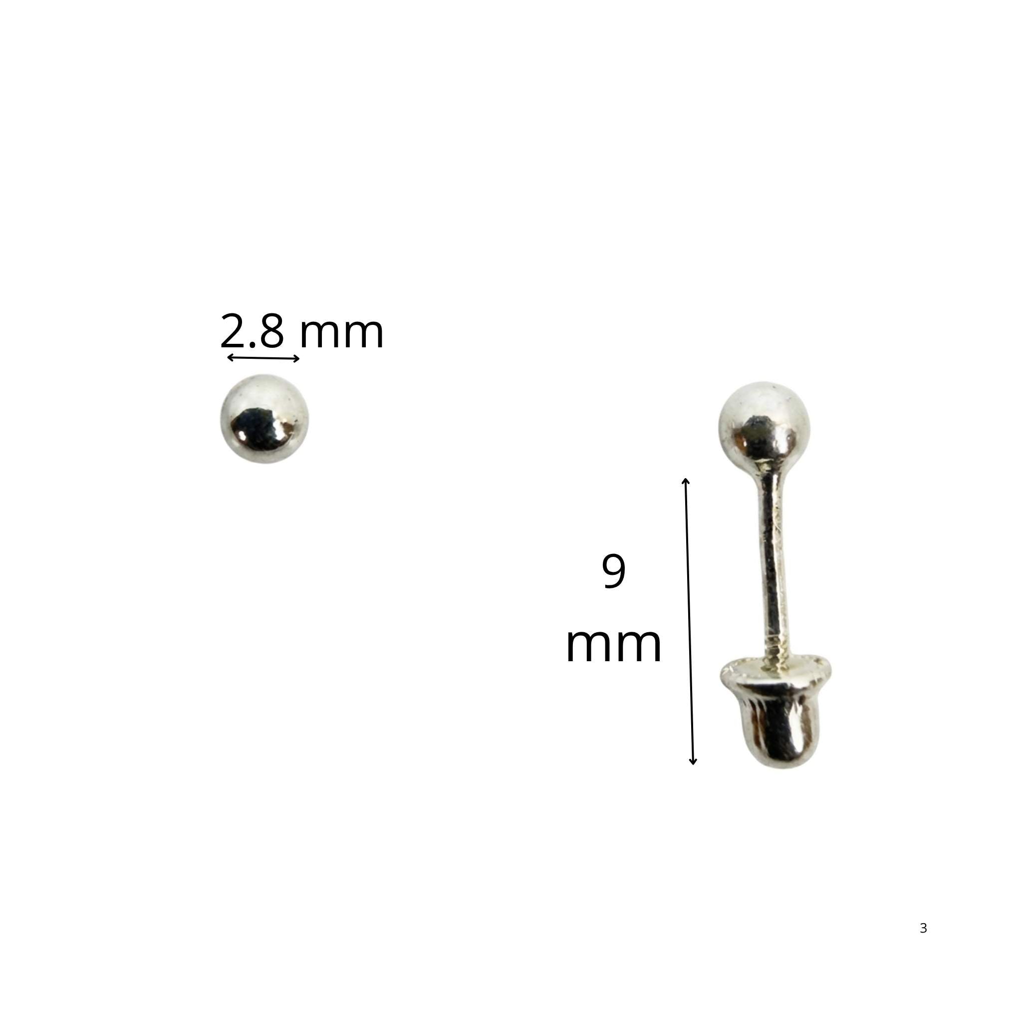 Dormilonas de Plata 925 tipo Esfera con Rosca de Seguridad de 2.8 mm mostrando detalle frontal y sistema de rosca segura · TuOro