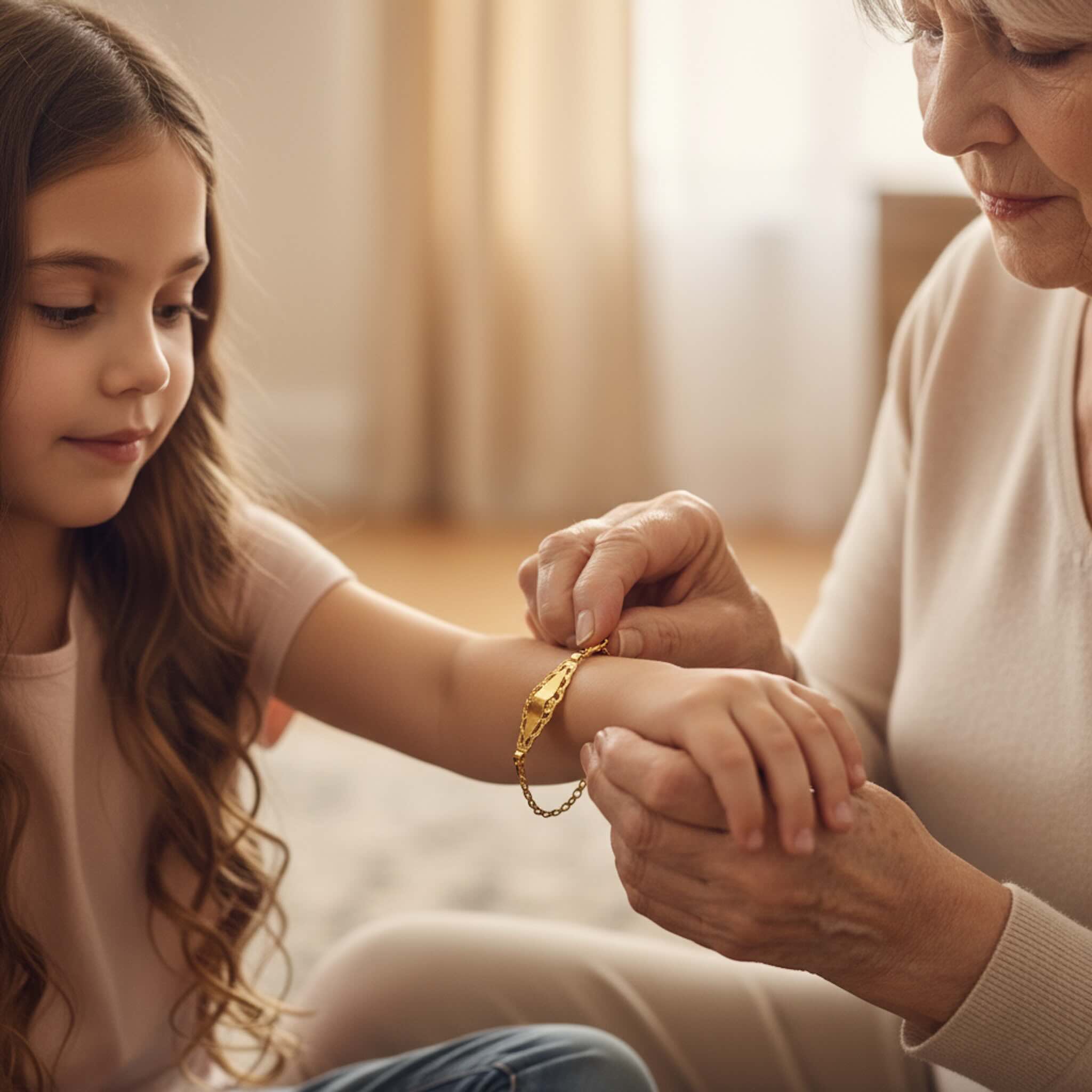 Pulsera Amoro de Oro 10K con placa calada de 4 mm — escena de regalo familiar — TuOro