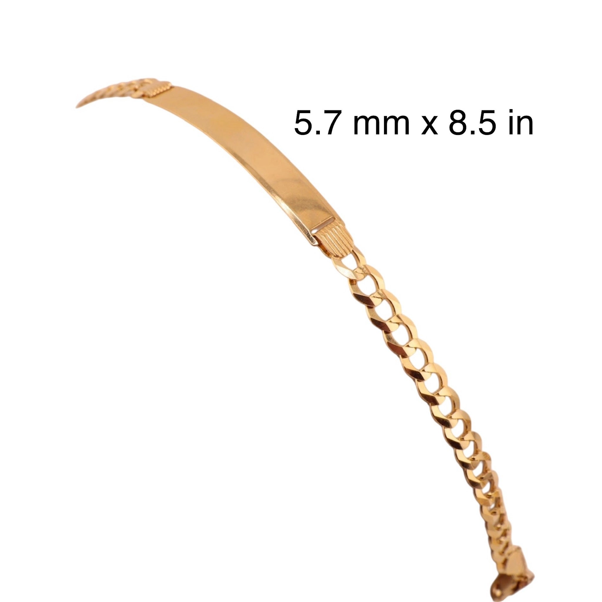 Pulsera cadena cubana italiana en Oro 14K de 5.7 mm con largo de 8.5 pulgadas, vista enfocada en la medida, TuOro.