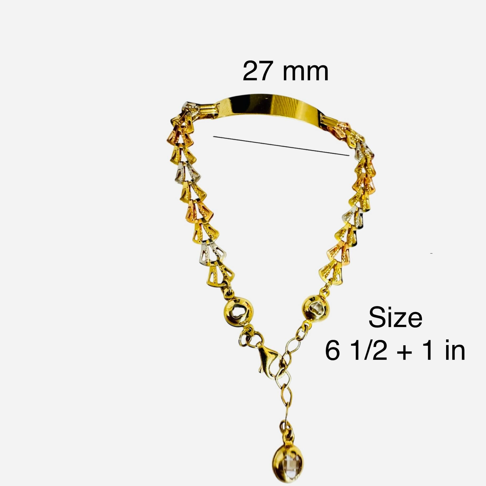 Pulsera Fan Link con placa en Oro 14K de TuOro, detalle de medidas de la placa y largo ajustable de 6.5 a 7.5 pulgadas con cierre de langosta