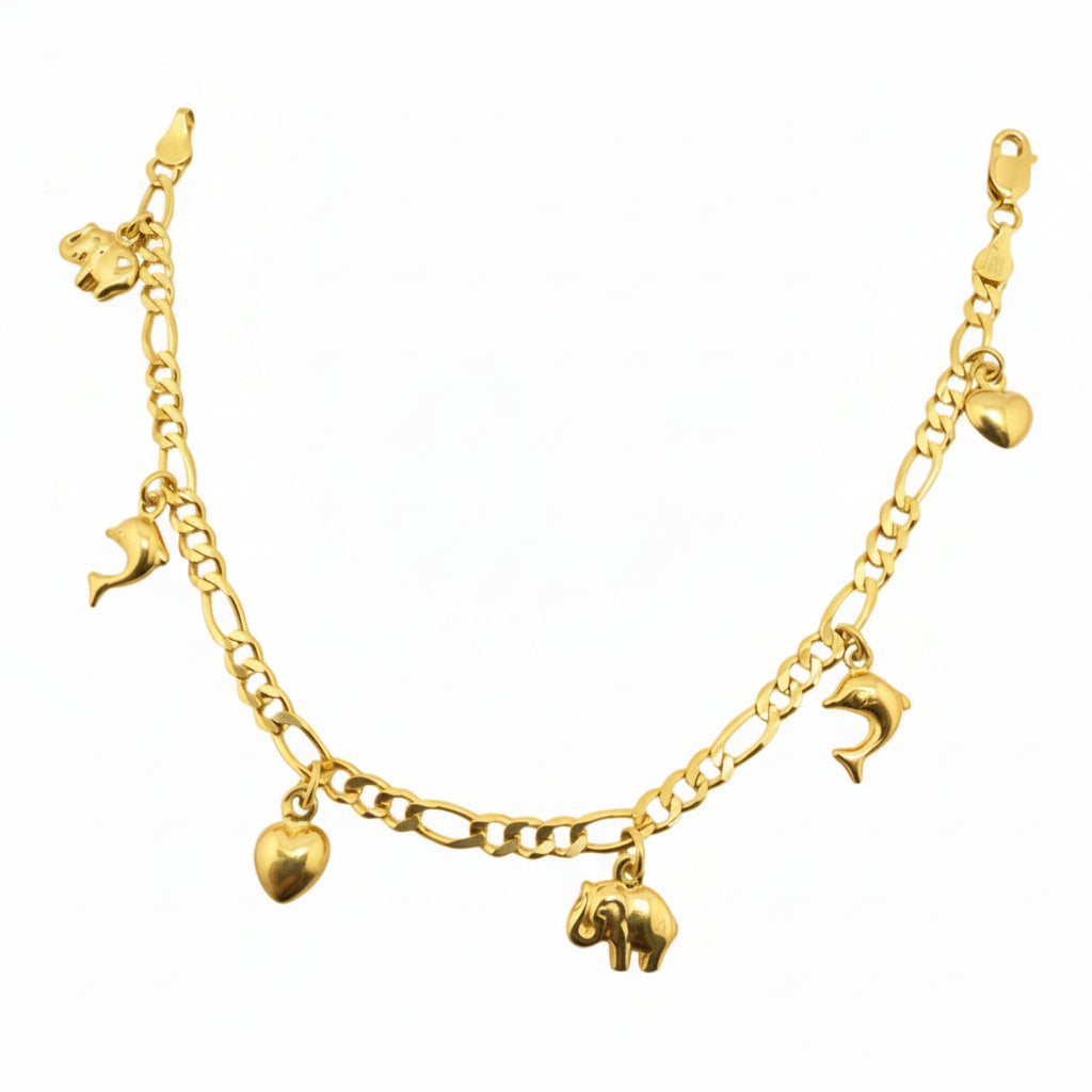 Detalle del cierre tipo candado y dijes en pulsera Figaro de Oro 14K TuOro