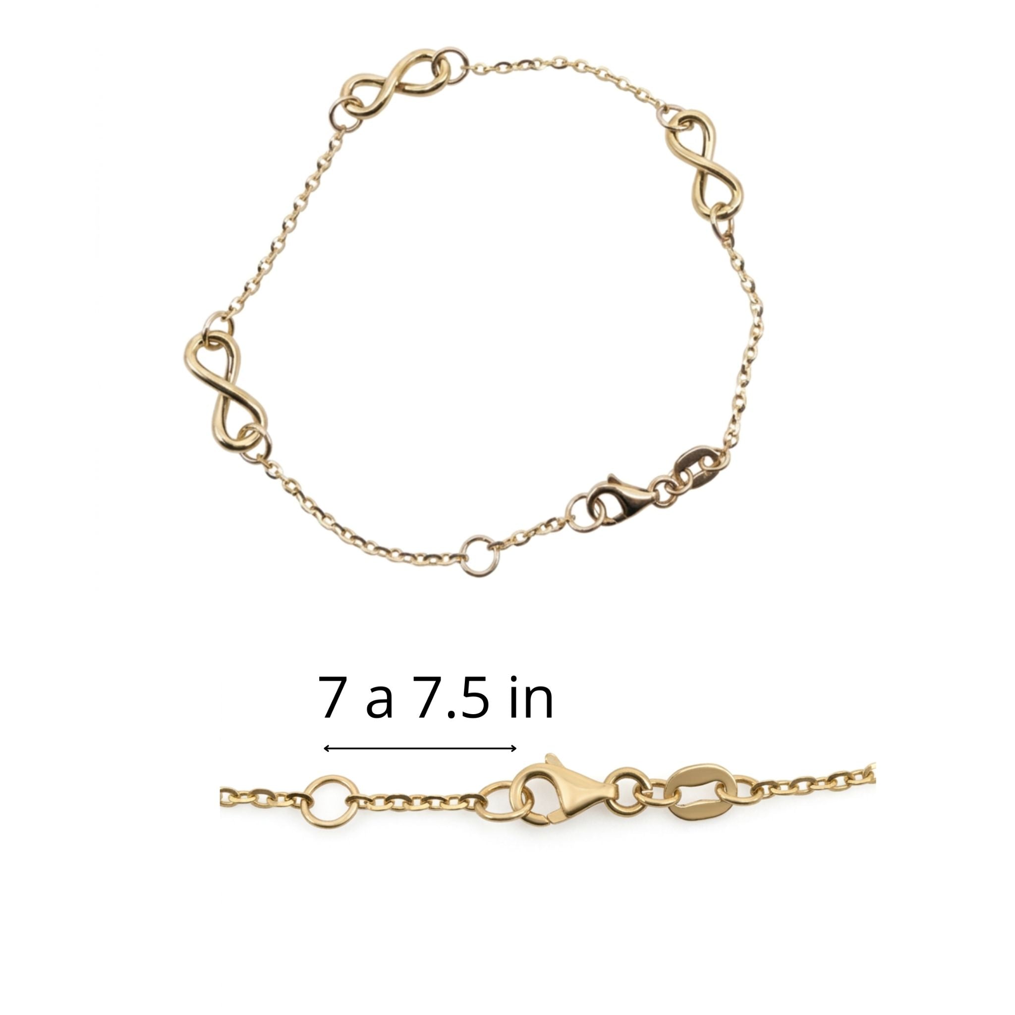 Pulsera de oro 10K para mujer con diseño infinito y largo ajustable de 7 a 7.5 pulgadas.