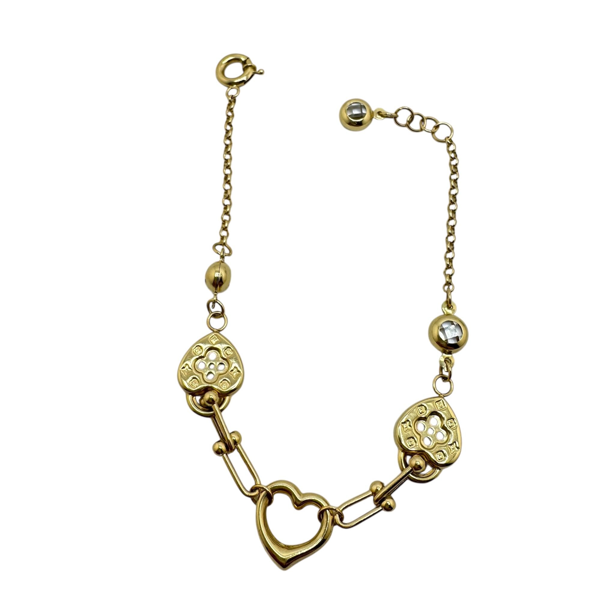 Pulsera de Oro 14K con dos candados y un corazón decorativo de TuOro, diseño armonioso con dijes en oro amarillo.