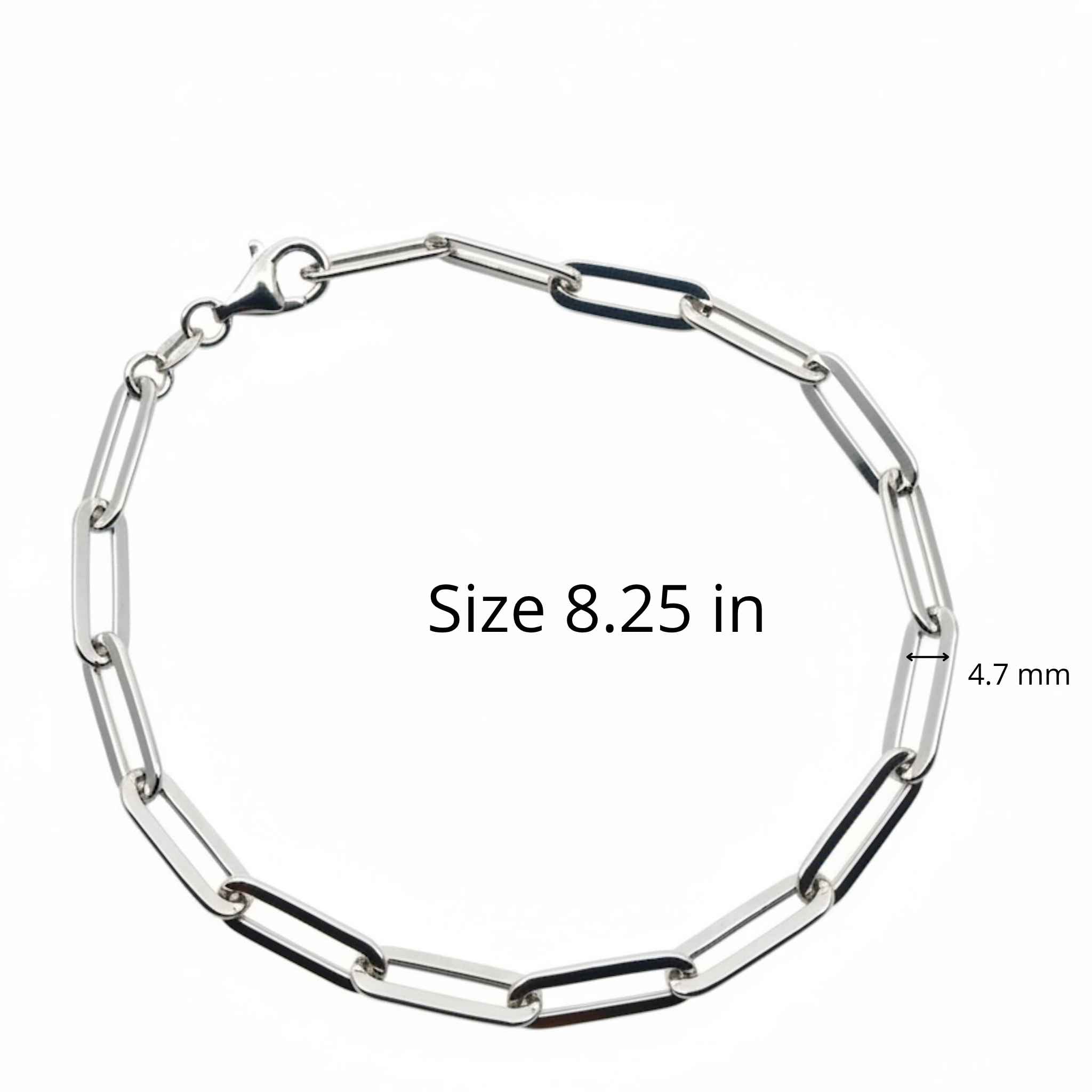 Pulso Paperclip con rodio de Plata 925 de 4.7 mm de TuOro con cierre grande y detalle brillante. Mostrando medidas.