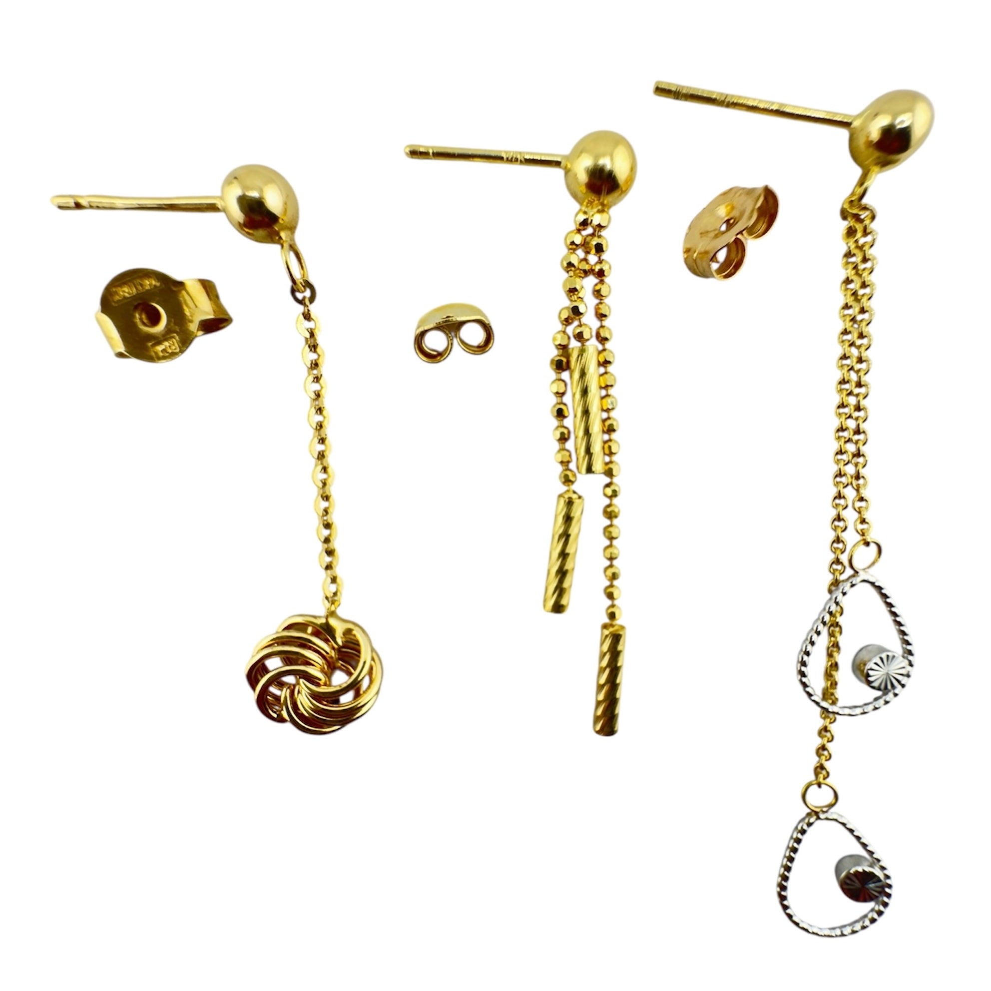 Aretes largos en oro 14 kilates con cierre mariposa, modelos con nudo trenzado, cascada de barra y doble gota calada, joyería fina para mujer