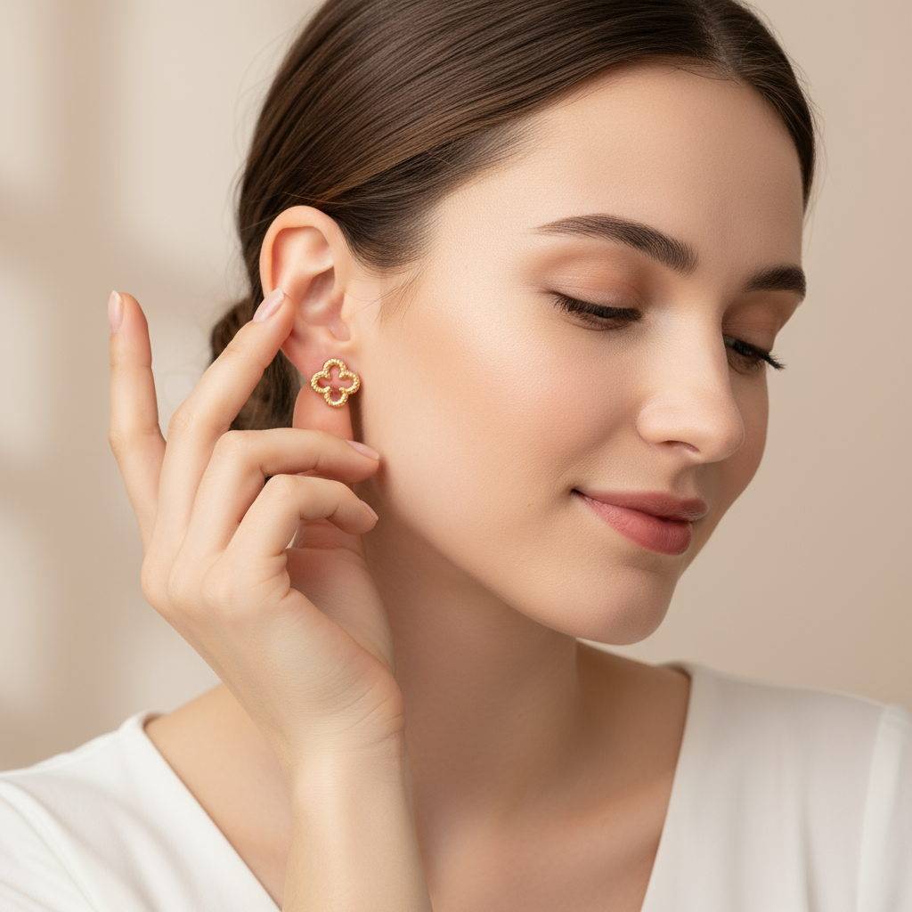 Aretes trébol en oro amarillo 18K con cierre mariposa 🍀✨