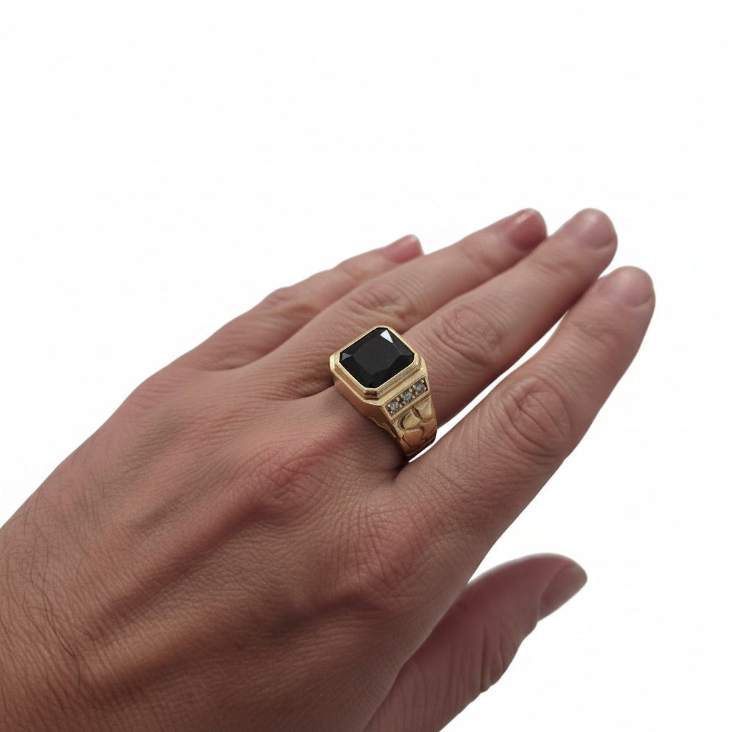 14K Gold Men's Ring with Black Zirconia