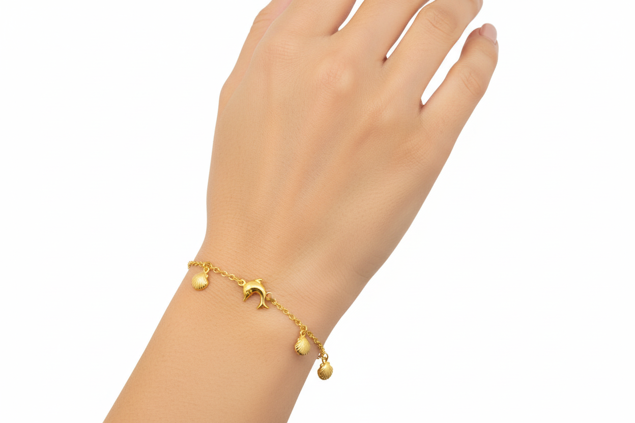 Pulsera marina en Oro 14K con cadena rolo y dijes