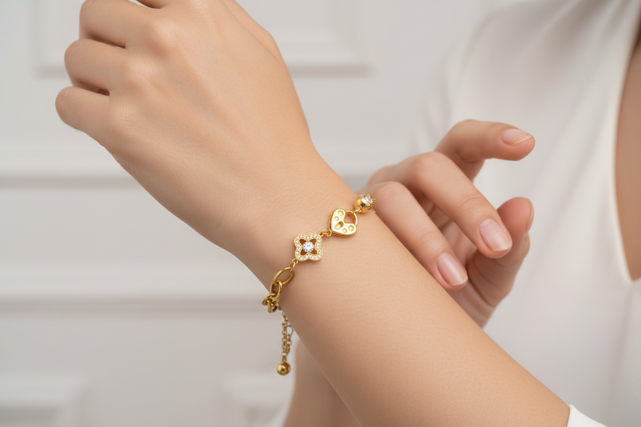 Pulsera Rolo en Oro 14K con trébol y candado