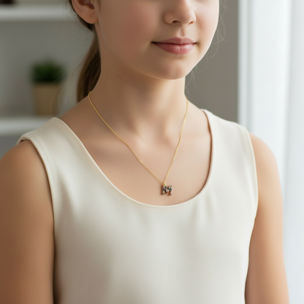 Collar letra M en Oro amarillo 18K con piedras semipreciosas 💛✨