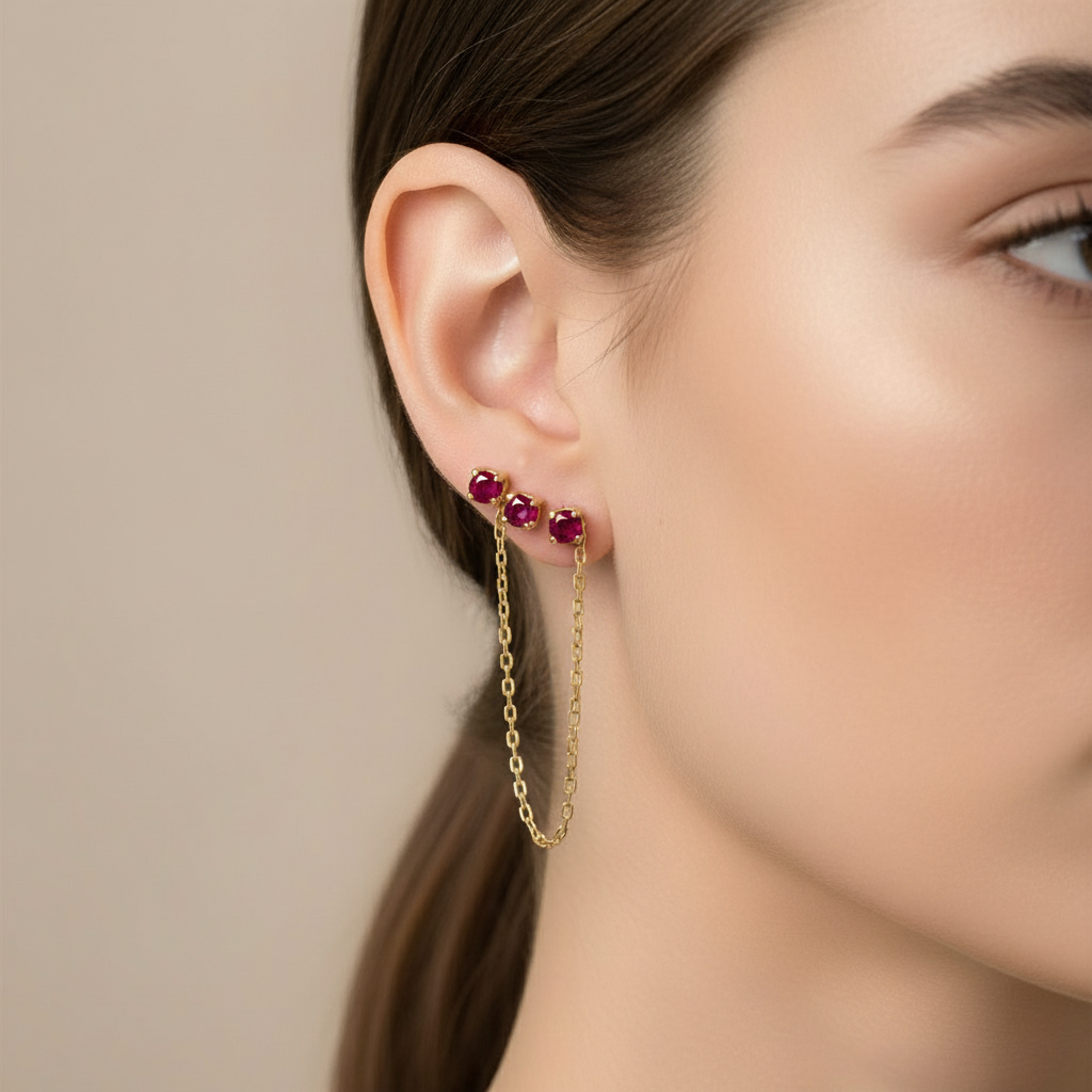 Aretes dobles con rubí genuino y cadena en Oro amarillo 18K 💛❤️✨