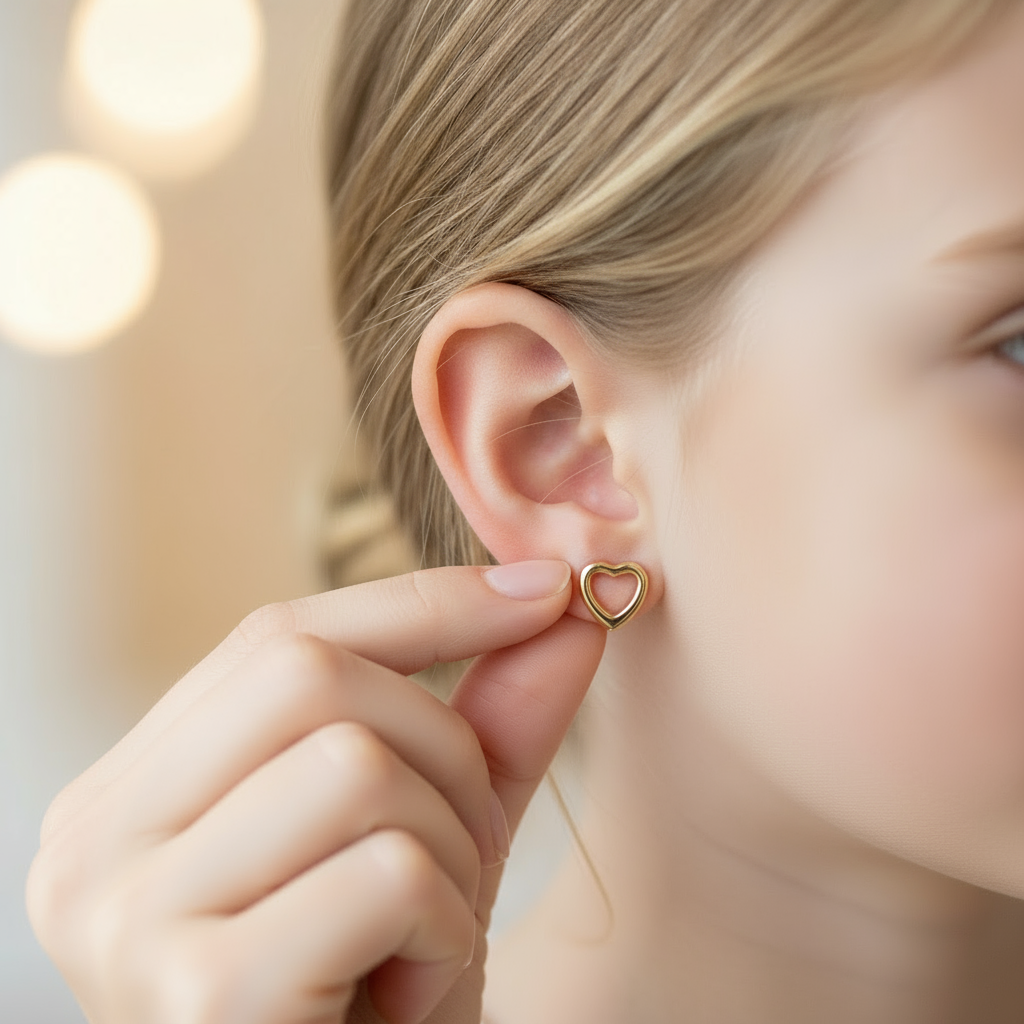 Aretes corazón abierto en oro amarillo 18K con cierre de tuerca 💛✨