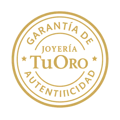 Sello circular dorado de garantía de autenticidad de Joyería TuOro en fondo transparente, certificación de oro genuino 10 k – 14 k – 18 k
