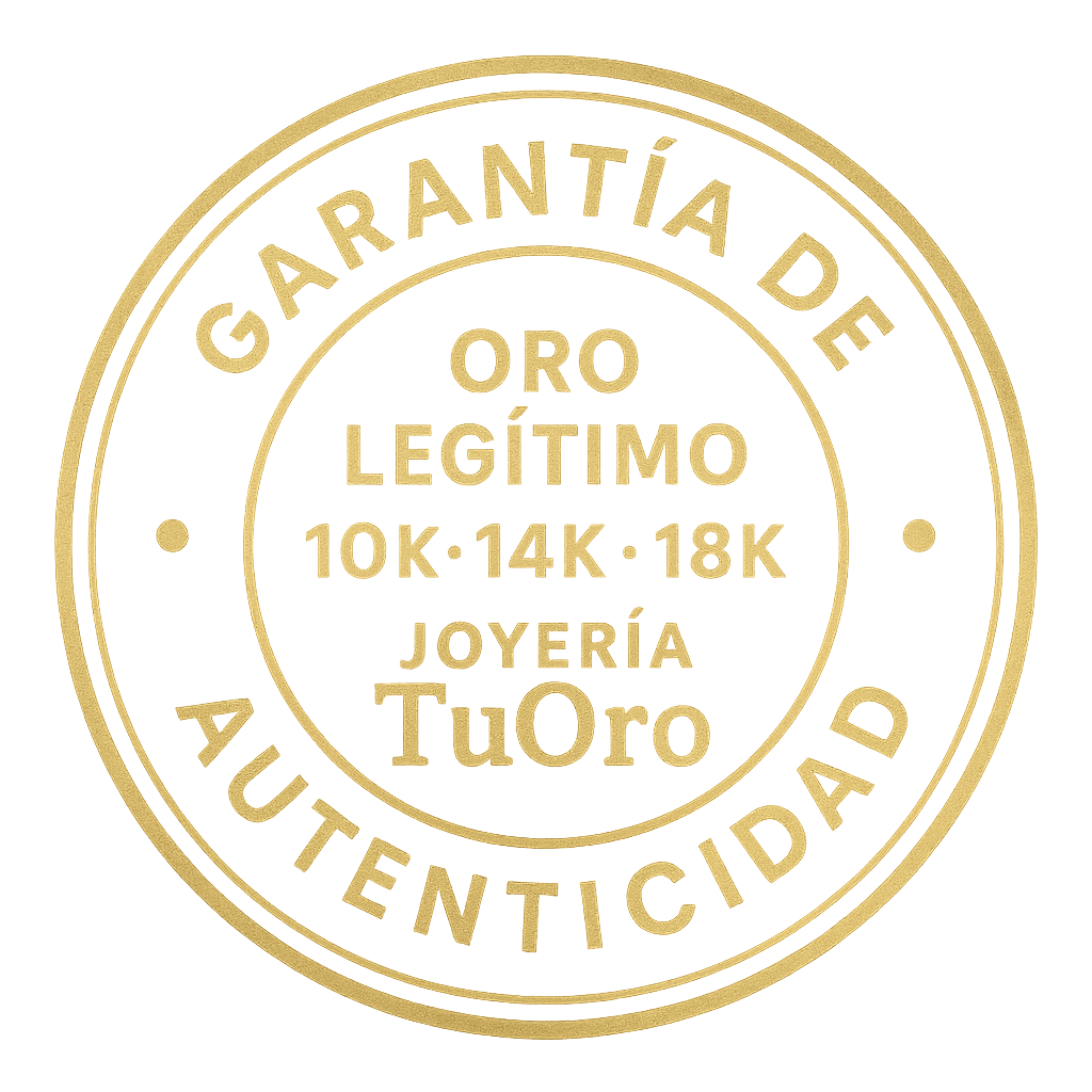 Sello circular dorado de garantía de autenticidad de Joyería TuOro en fondo transparente, certificación de oro genuino 10 k – 14 k – 18 k