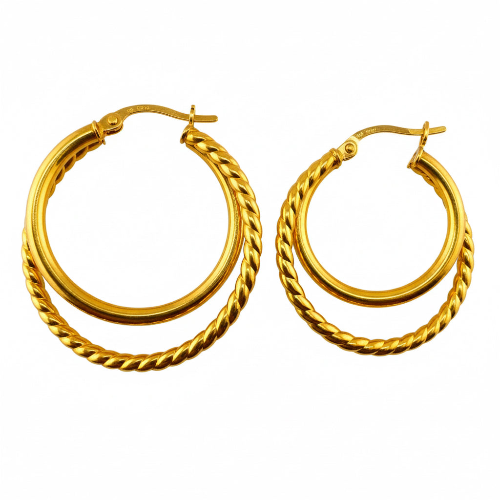 Aretes Argolla Doble Tubo Liso y Torcido en Oro 14K