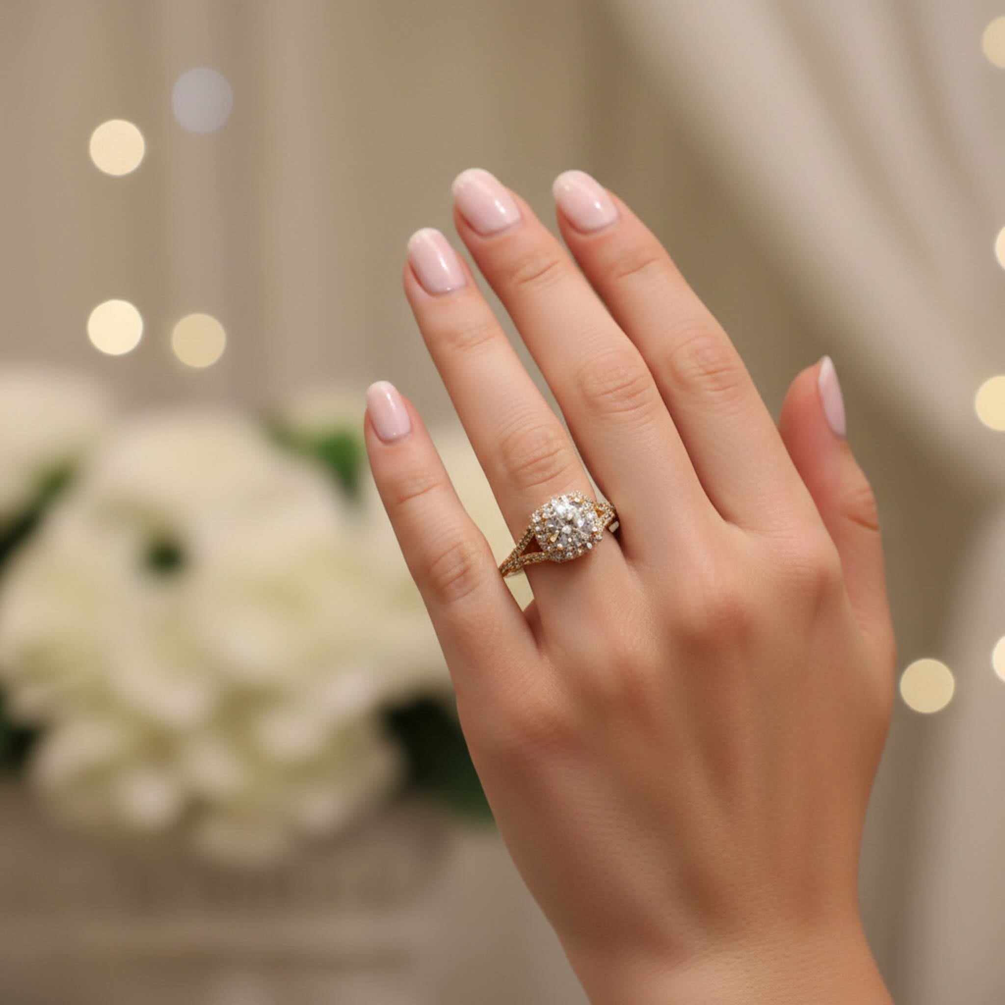 Anillo de compromiso Halo en Oro 14K con circonia cúbica de 6.5 mm, detalle del halo en mano — TuOro
