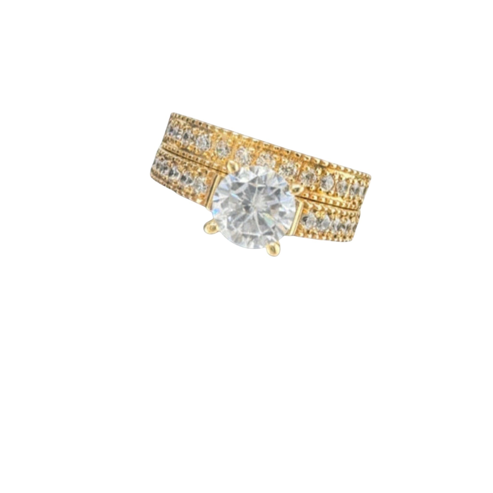 Anillo de compromiso media eternidad en Oro 14K 5.5 mm de TuOro, vista frontal con solitario y piedras laterales en circonia cúbica