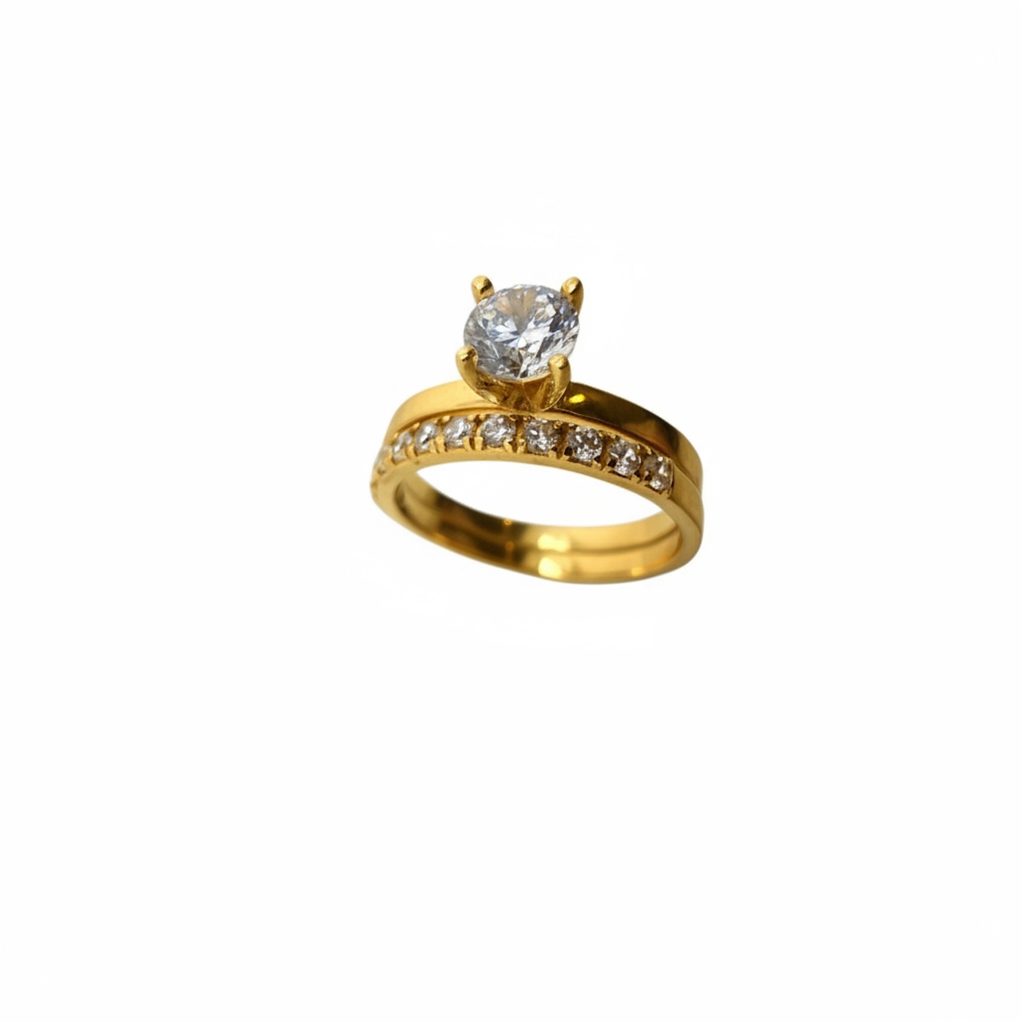 Anillo de compromiso media eternidad en Oro 14K 5 mm de TuOro, vista frontal mostrando circonia central y piedras laterales