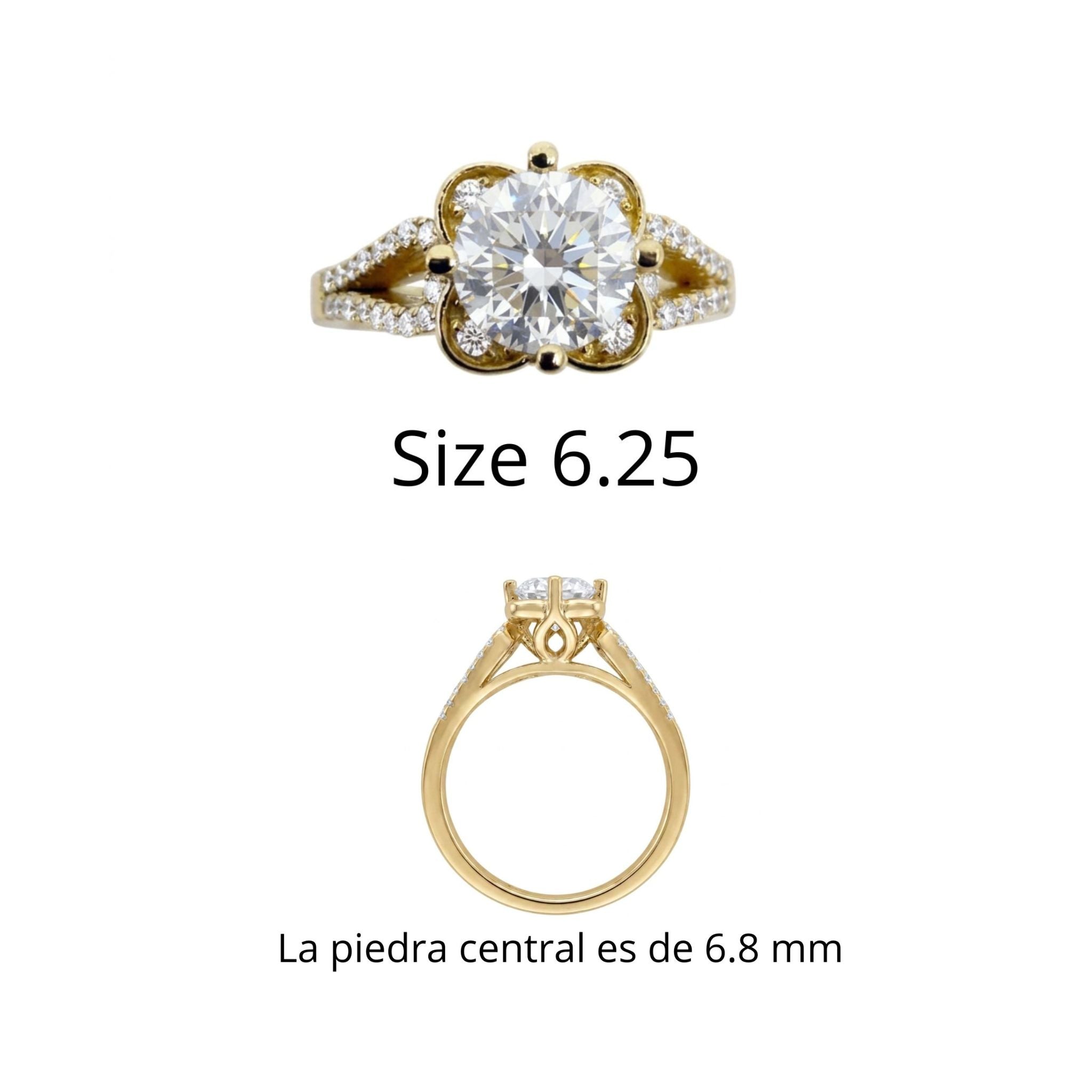 Anillo de Compromiso en Oro 10K con Circonia Redonda y Pavé TuOro®, talla 6.25 y piedra central de 6.8 mm.