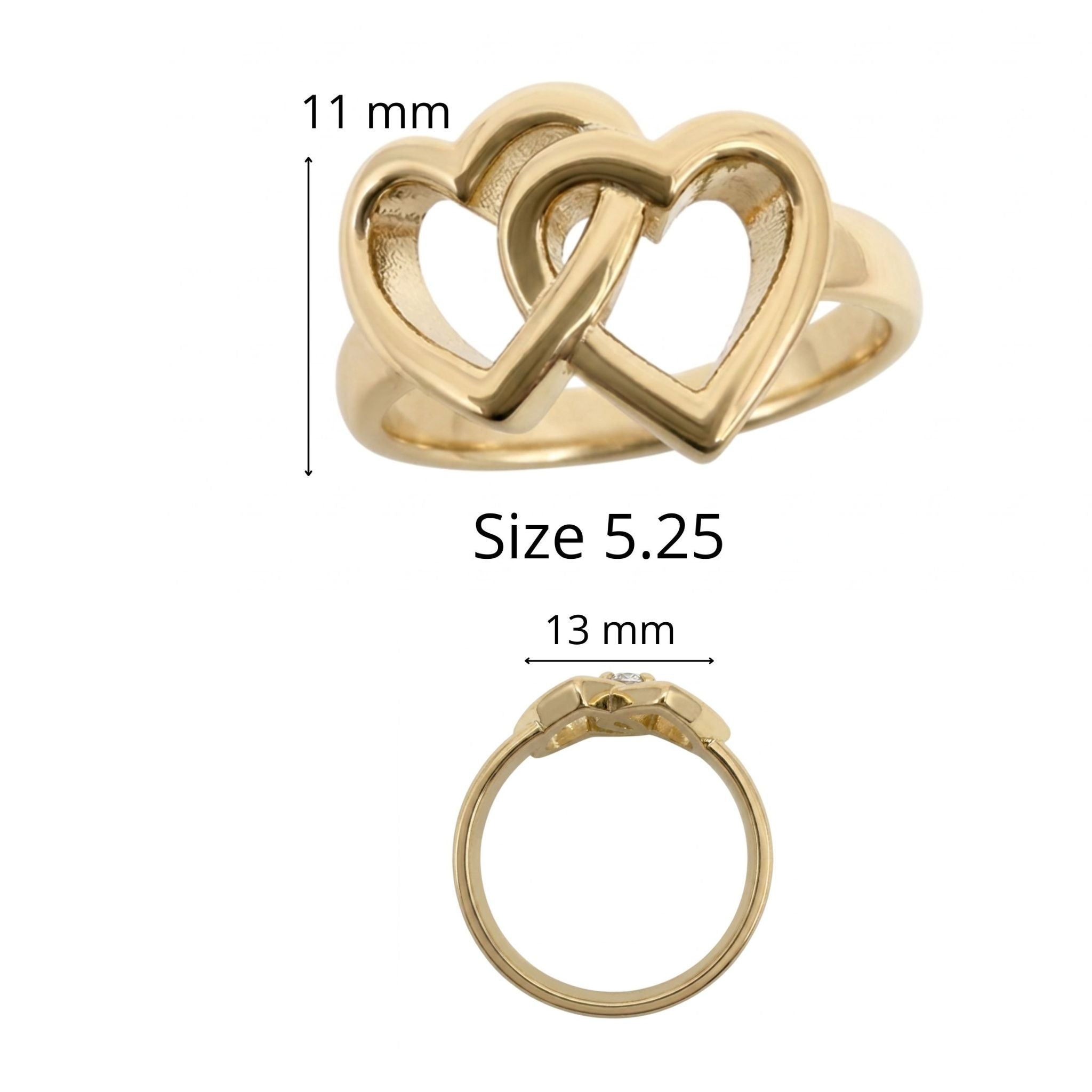 Anillo de Corazones Madre e Hija en Oro 10K TuOro® talla 5.25, con doble corazón de 11 mm de alto por 13 mm de ancho.
