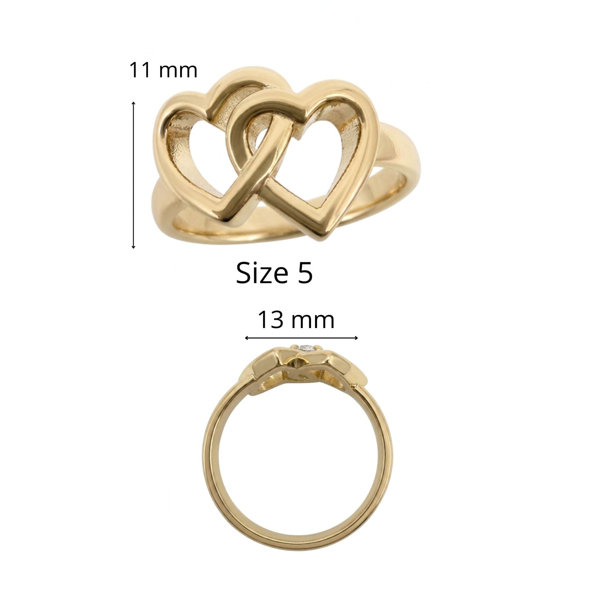 Anillo de Corazones Madre e Hija en Oro 10K TuOro® talla 5, con diseño de doble corazón de 11 mm de alto por 13 mm de ancho.