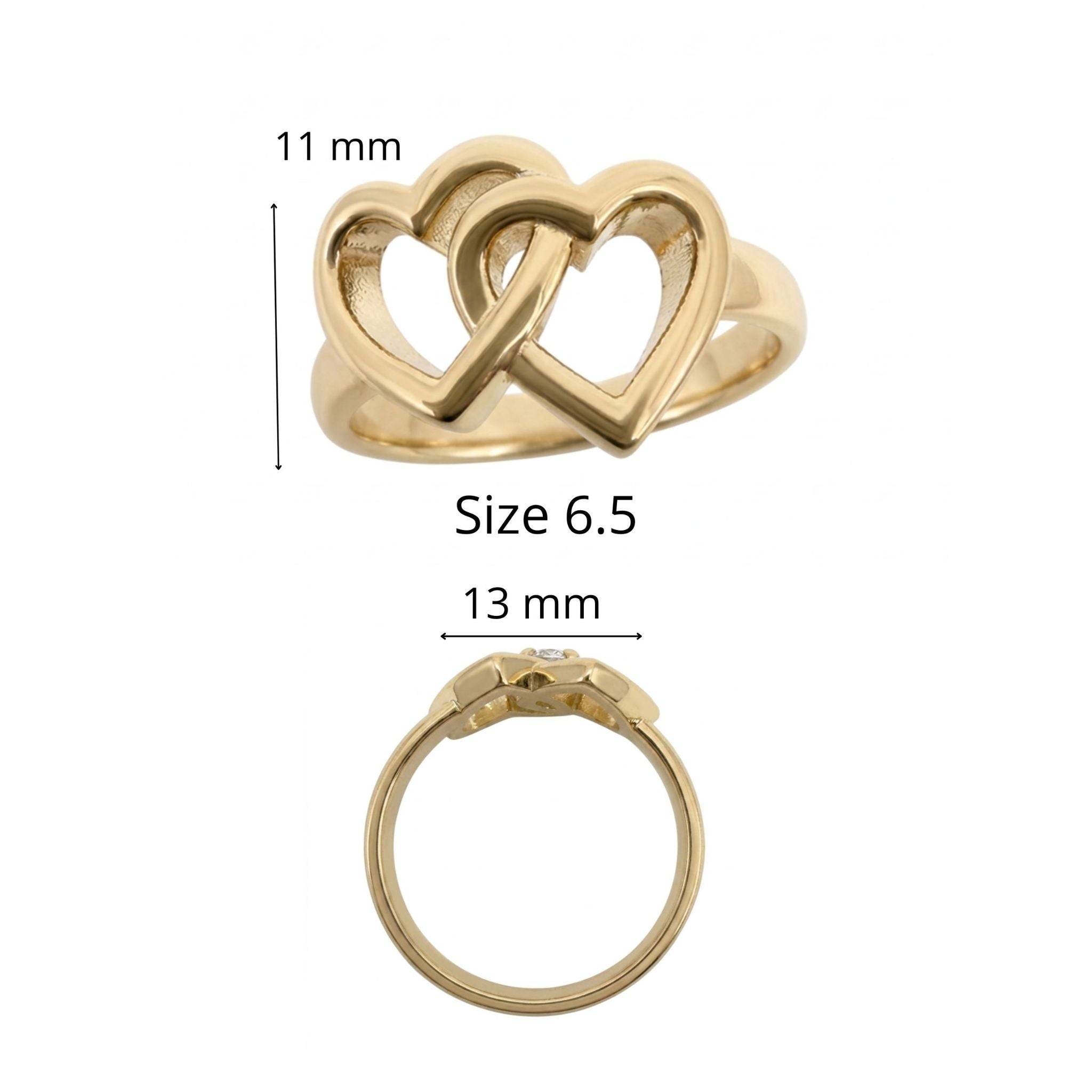 Anillo de Corazones Madre e Hija en Oro 10K TuOro® talla 6.5, con doble corazón de 11 mm de alto por 13 mm de ancho.