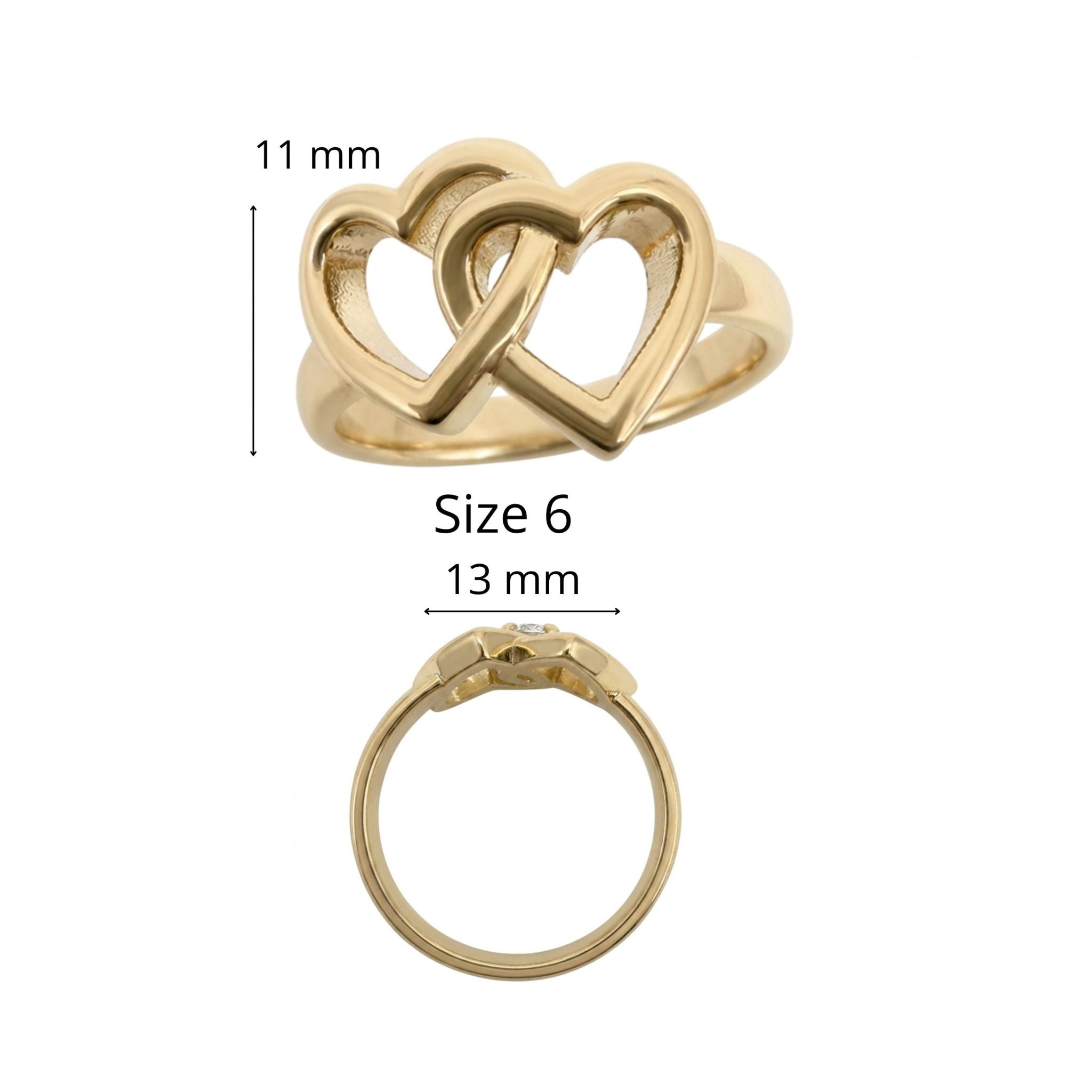 Anillo de Corazones Madre e Hija en Oro 10K TuOro® talla 6, con diseño de doble corazón de 11 mm de alto por 13 mm de ancho.