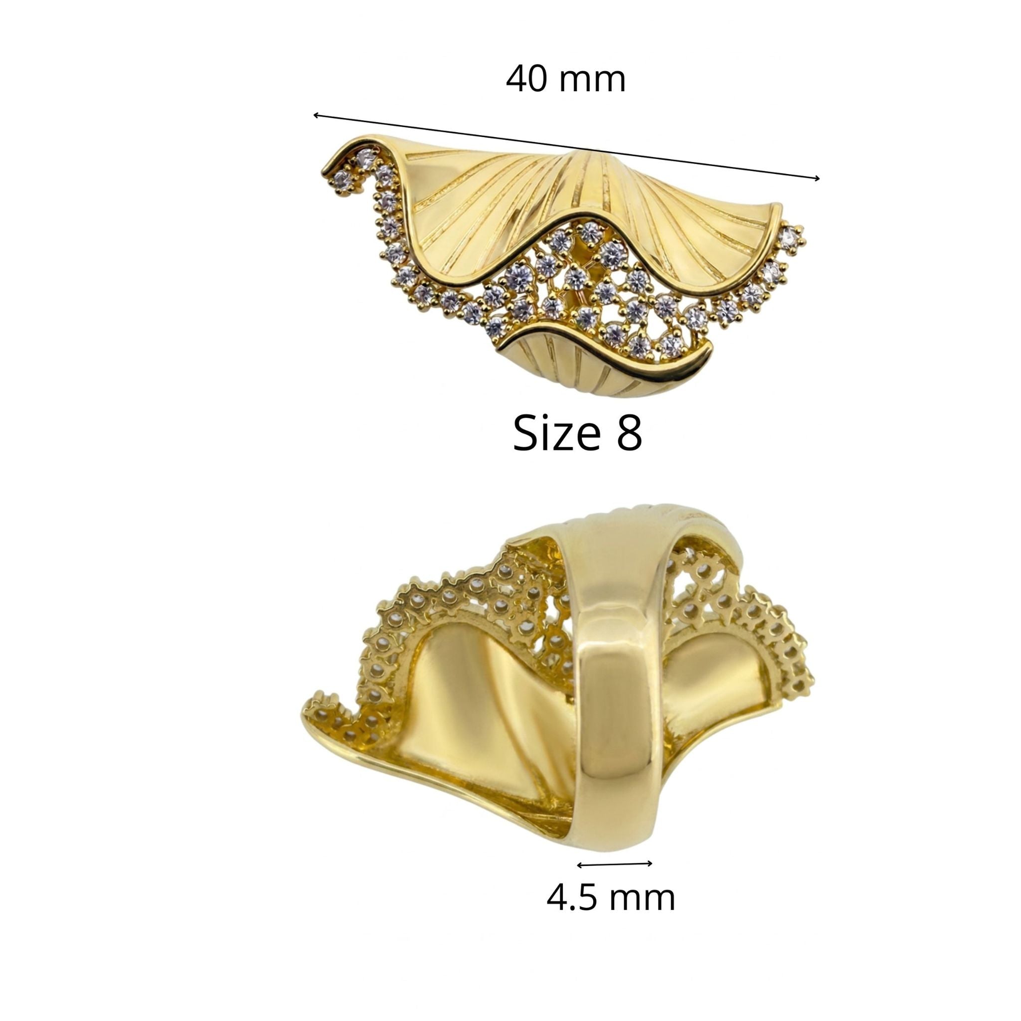Anillo extra grande para mujer en Oro 10K talla 8, con frente de 40 mm y banda de 4.5 mm, vista frontal y posterior | TuOro®