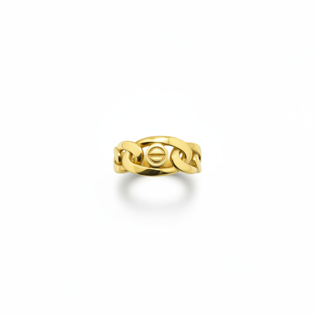 Anillo grueso de Oro 14K con diseño de cadena y eslabón central talla 8 — TuOro