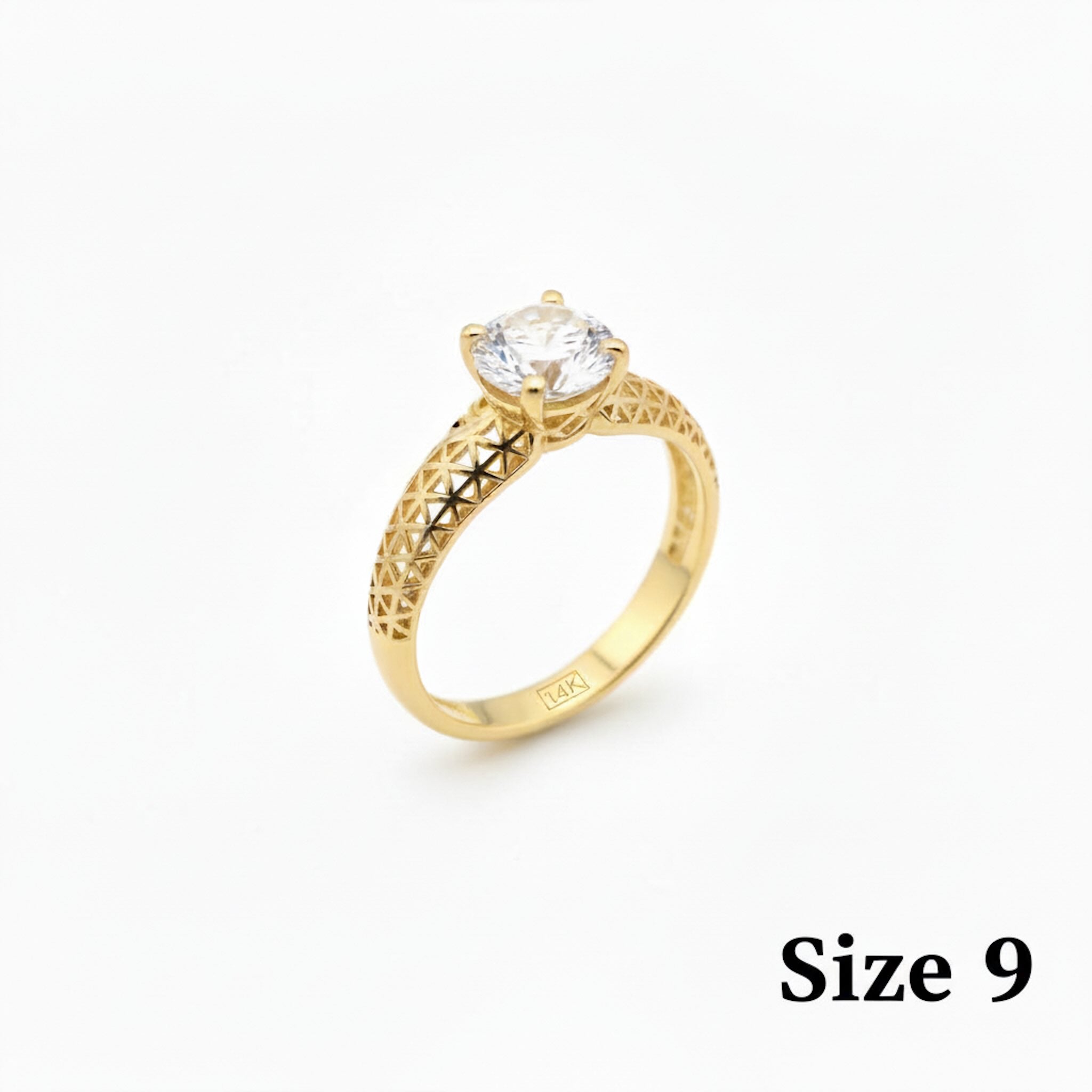 Anillo de Oro 14K con circonia blanca redonda y diseño geométrico talla 9 - TuOro