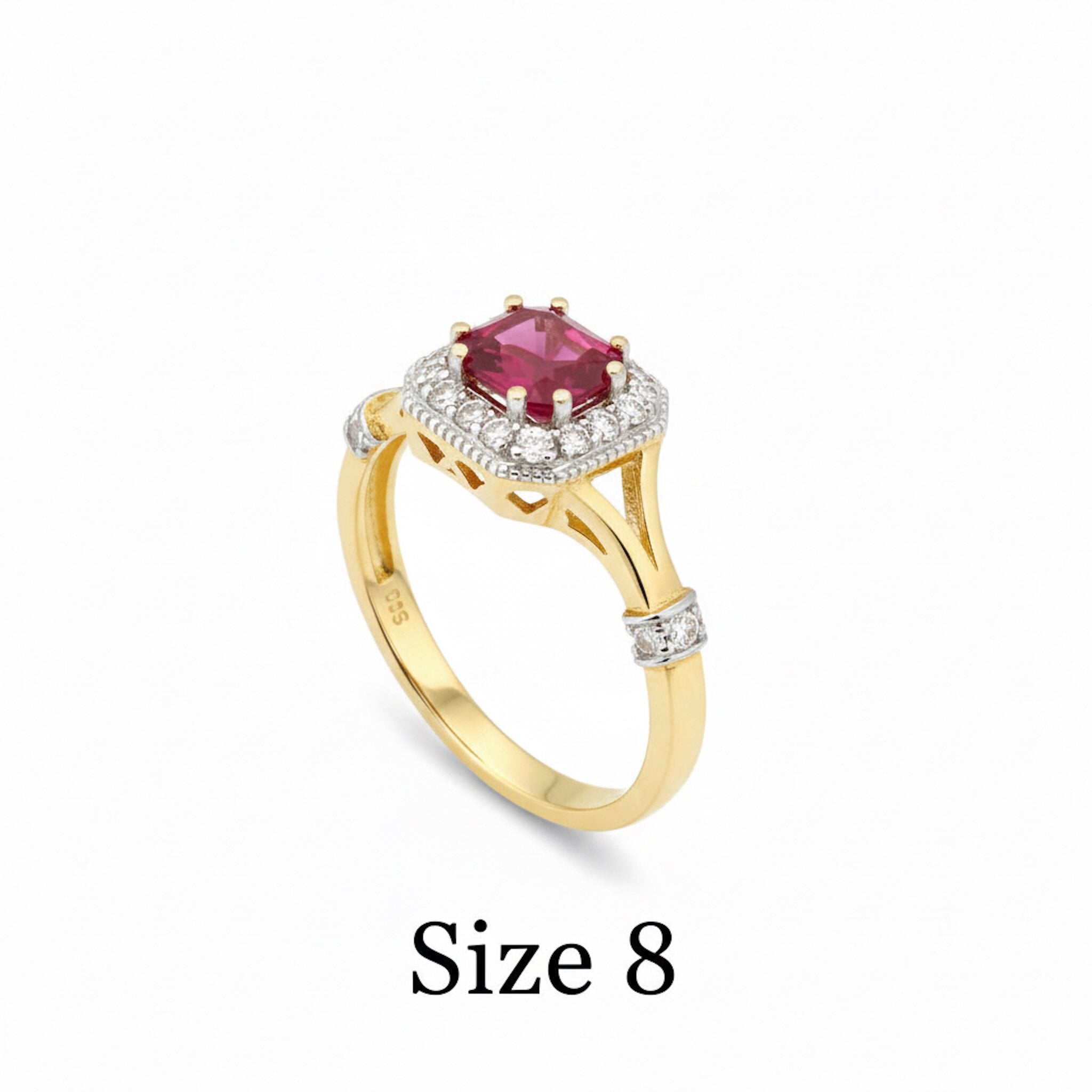 Anillo de Oro 14K con circonia roja rectangular y halo de circonias blancas - TuOro